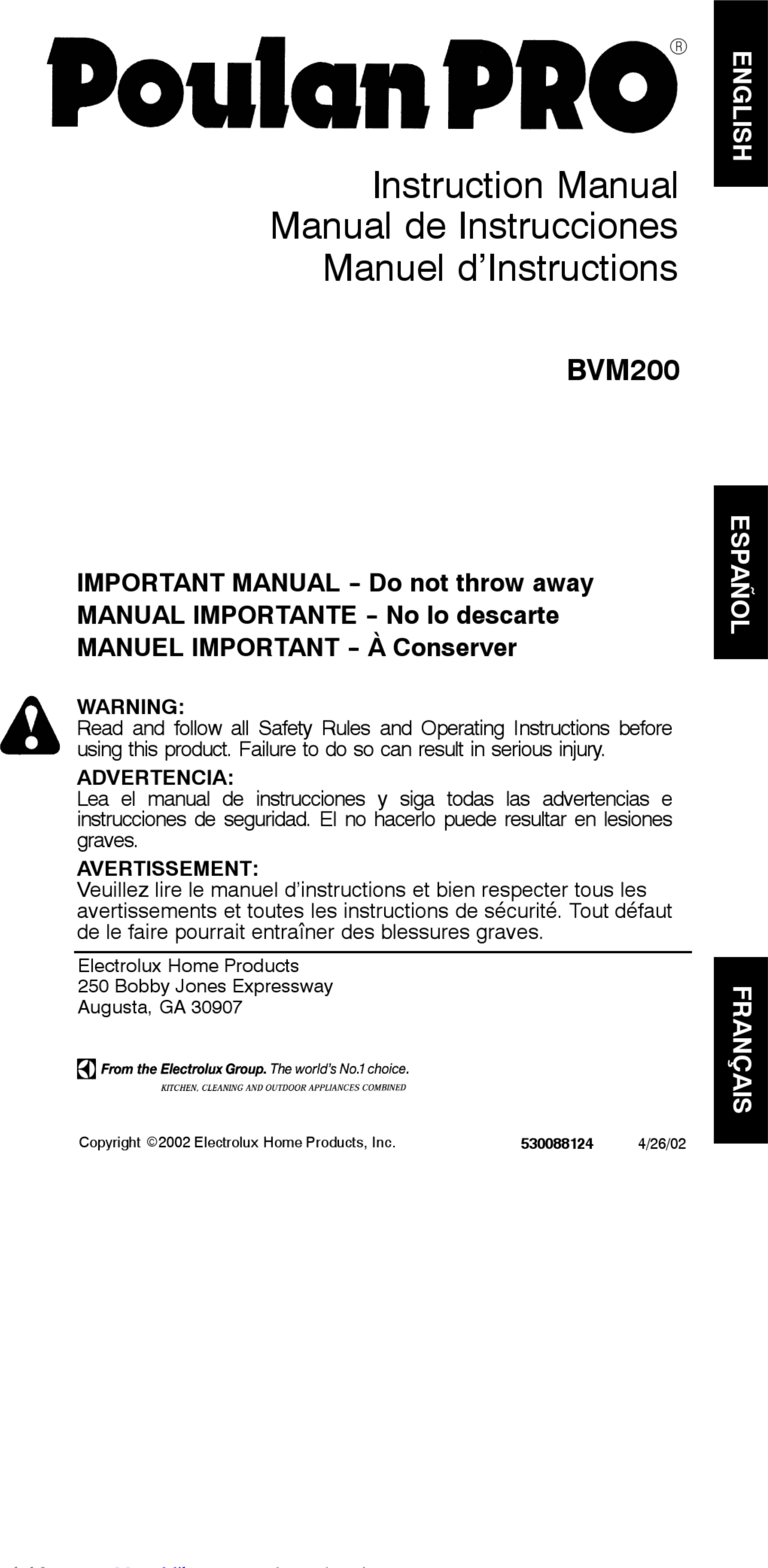 Page 1 of 11 - Poulan-Pro Poulan-Pro-Bvm200-Instruction-Manual-1002624 User Manual