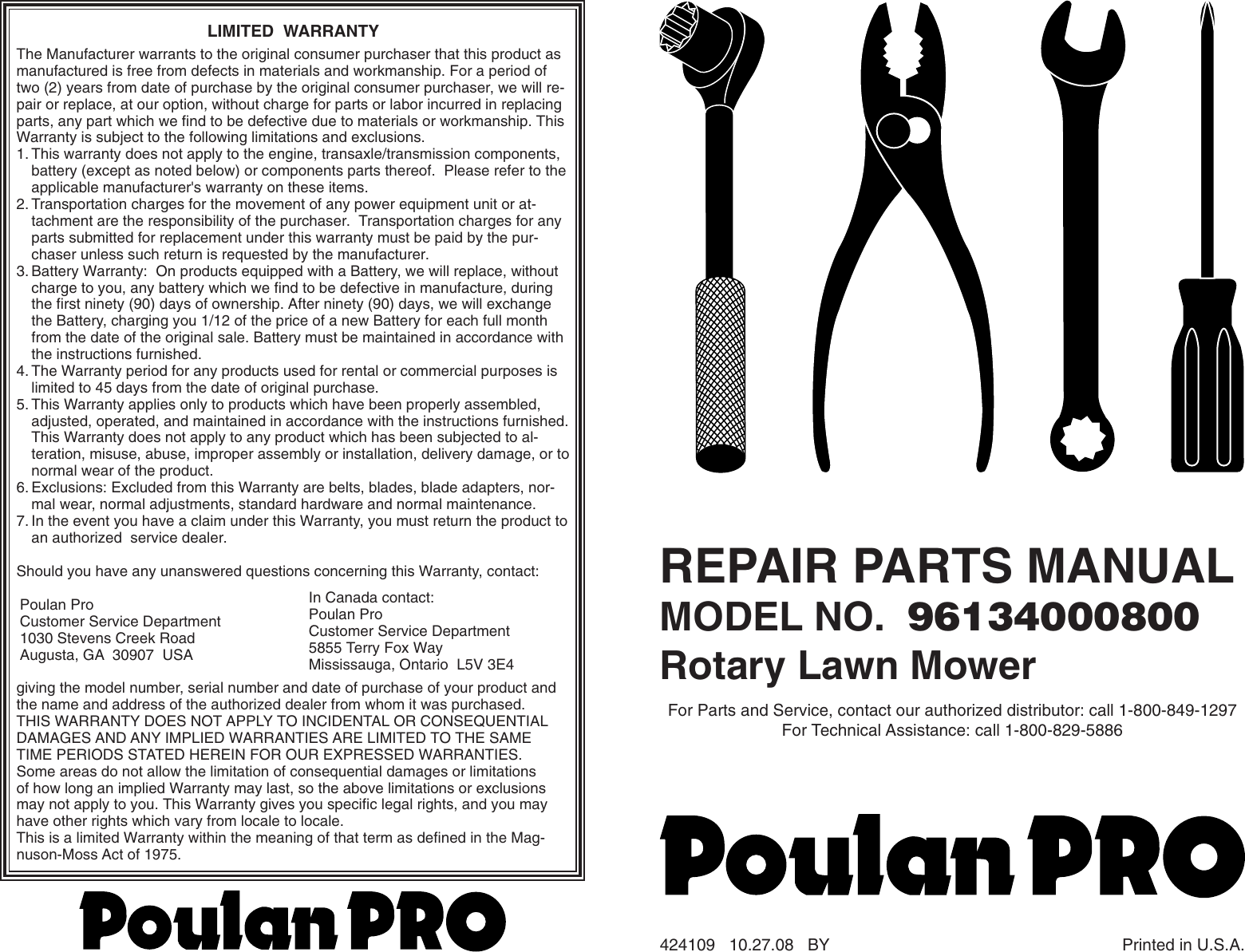 Page 1 of 2 - Poulan-Pro Poulan-Pro-Lawn-Mower-96134000800-Users-Manual- IPL, 96134000800, 2008-10, LAWN MOWRS  Poulan-pro-lawn-mower-96134000800-users-manual