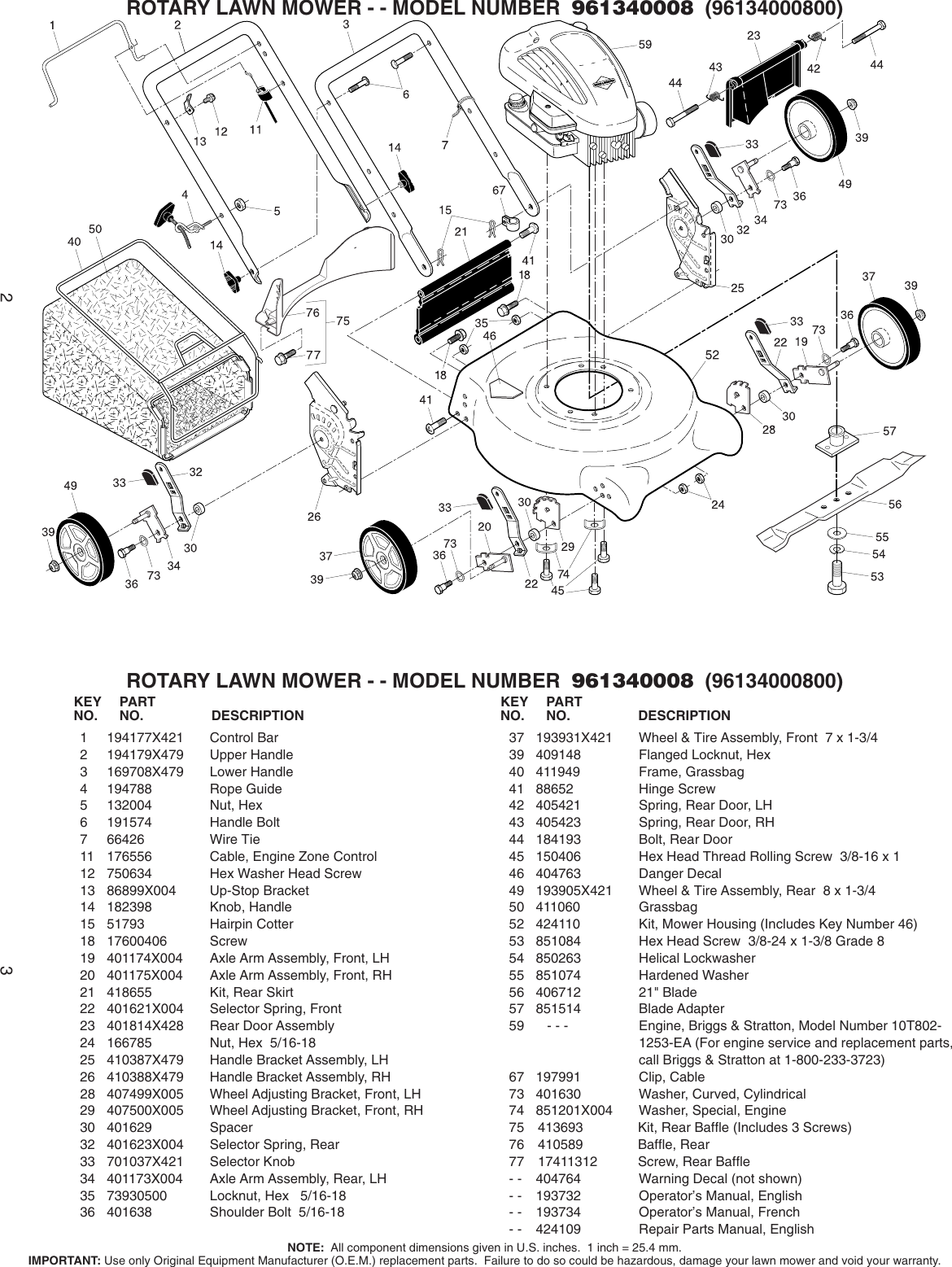 Poulan Pro Lawn Mower 96134000800 Users Manual IPL, 96134000800, 2008 ...