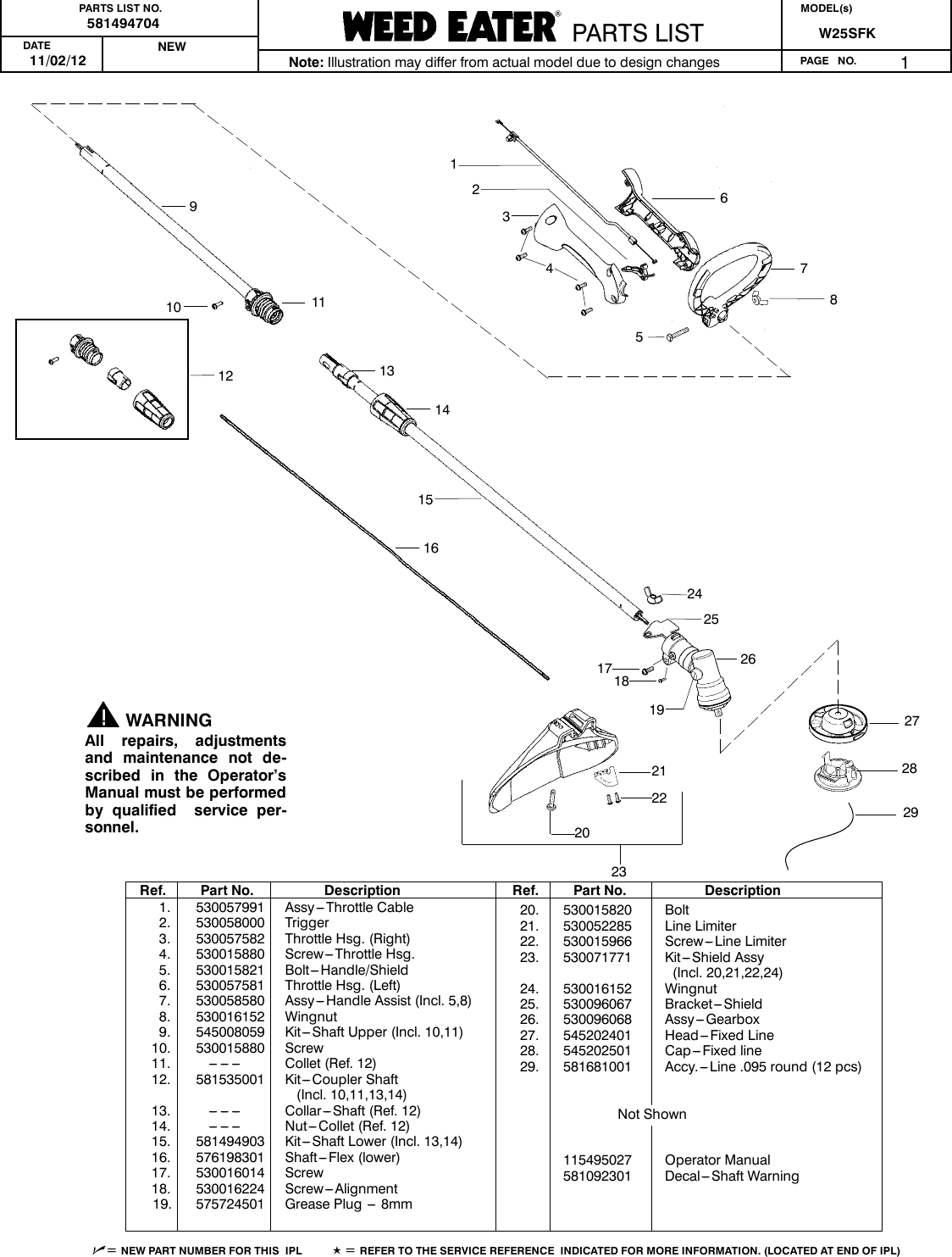 Page 1 of 2 - Poulan-Pro Poulan-Pro-Lawn-Mower-Accessory-581494704-Users-Manual- IPL, WEEDEATER, W25SFK, 967184501, 2012-11, TRIMMER  Poulan-pro-lawn-mower-accessory-581494704-users-manual