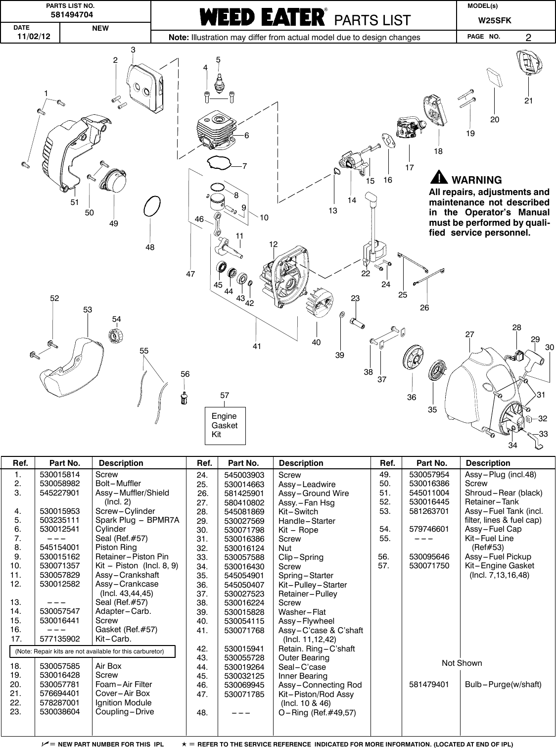 Page 2 of 2 - Poulan-Pro Poulan-Pro-Lawn-Mower-Accessory-581494704-Users-Manual- IPL, WEEDEATER, W25SFK, 967184501, 2012-11, TRIMMER  Poulan-pro-lawn-mower-accessory-581494704-users-manual