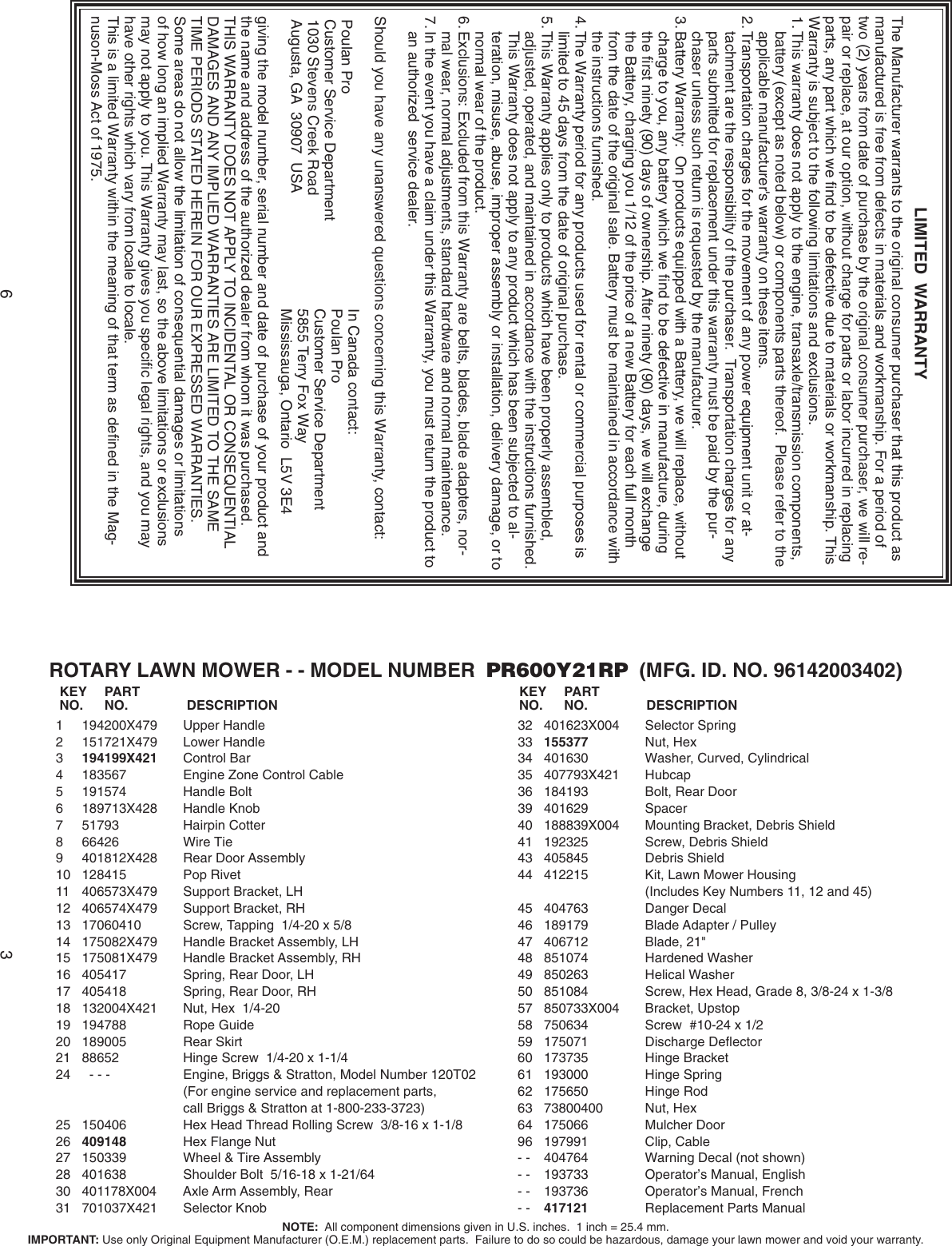 Page 3 of 8 - Poulan-Pro Poulan-Pro-Lawn-Mower-Accessory-Pr600Y21Rp-Users-Manual- IPL, PR600Y21RP, 2007-11, LAWN MOWERS  Poulan-pro-lawn-mower-accessory-pr600y21rp-users-manual