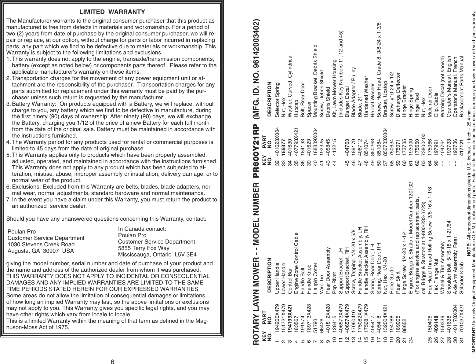 Page 6 of 8 - Poulan-Pro Poulan-Pro-Lawn-Mower-Accessory-Pr600Y21Rp-Users-Manual- IPL, PR600Y21RP, 2007-11, LAWN MOWERS  Poulan-pro-lawn-mower-accessory-pr600y21rp-users-manual