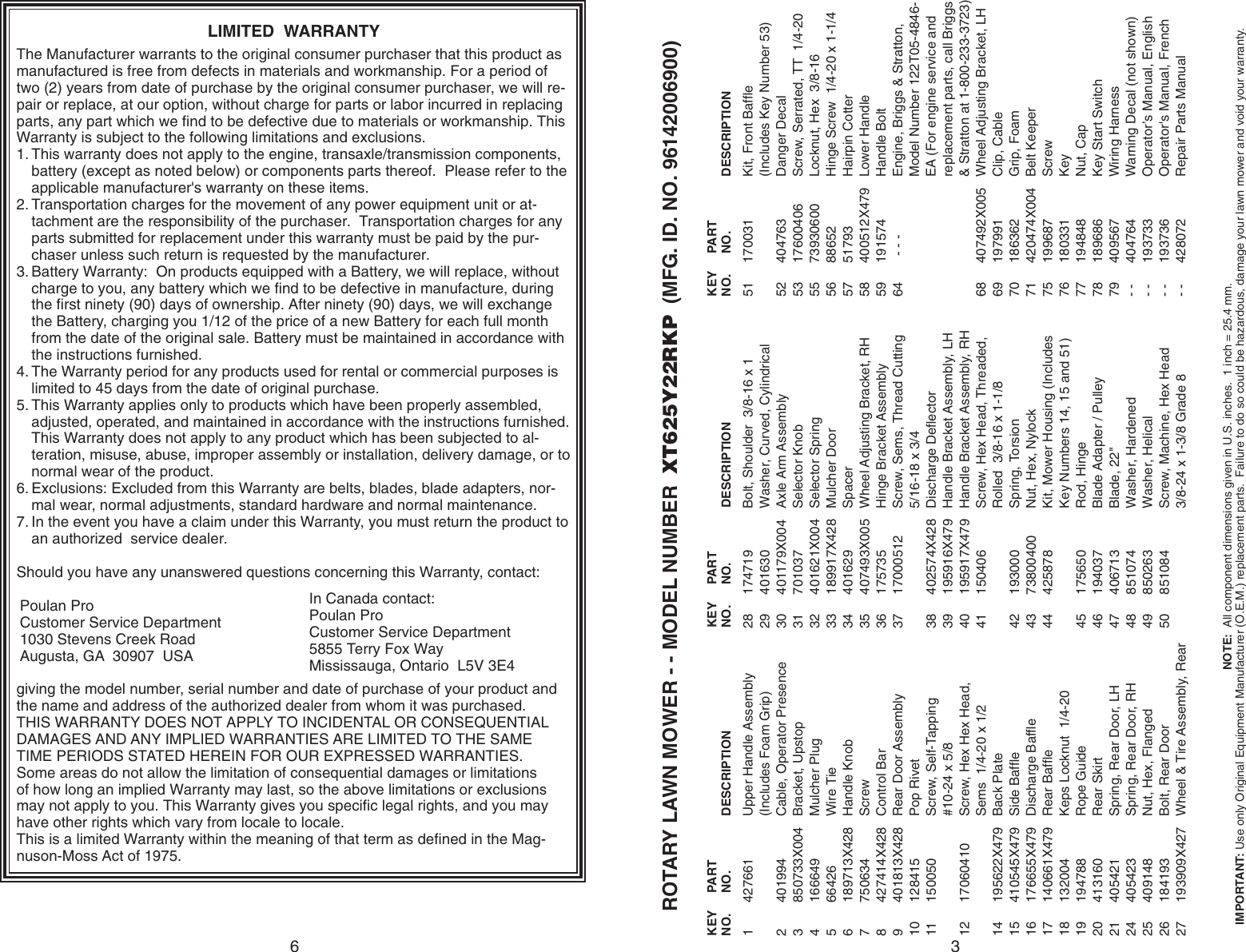 Page 6 of 8 - Poulan-Pro Poulan-Pro-Lawn-Mower-Xt625Y22Rkp-Users-Manual- IPL, XT625Y22RKP, 2009-04, LAWN MOWERS  Poulan-pro-lawn-mower-xt625y22rkp-users-manual