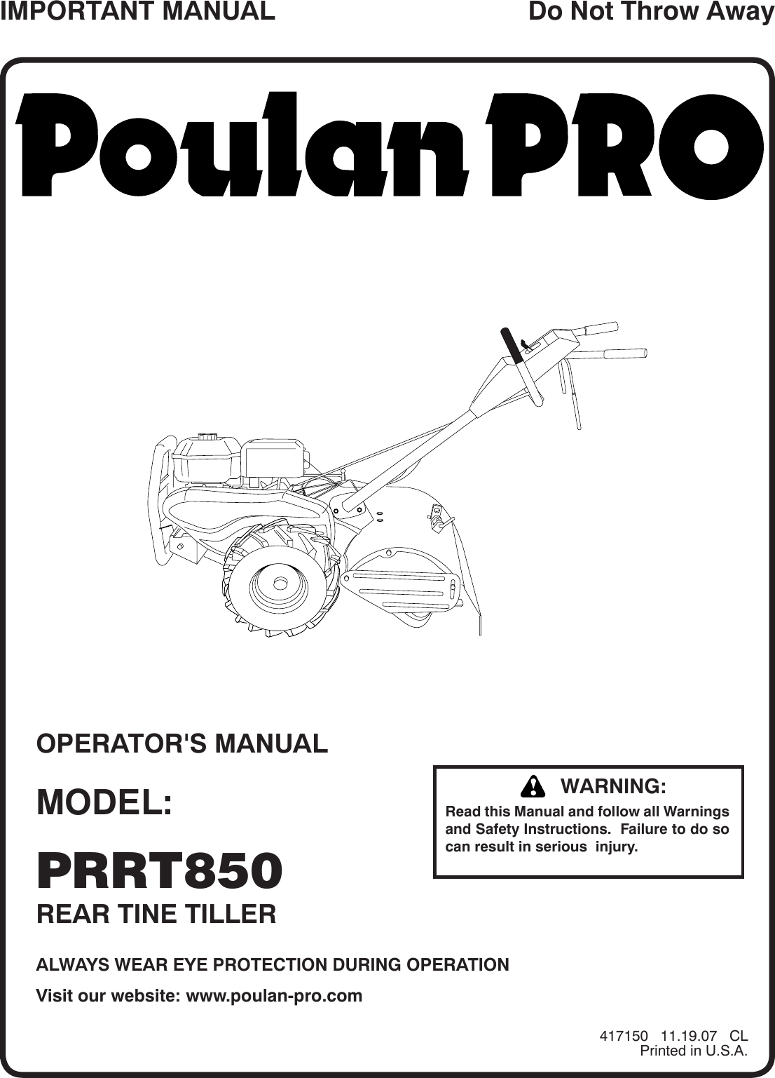 Poulan 417150 Users Manual OM, PRRT850, 2007 11, CULTIVATORS/TILLERS