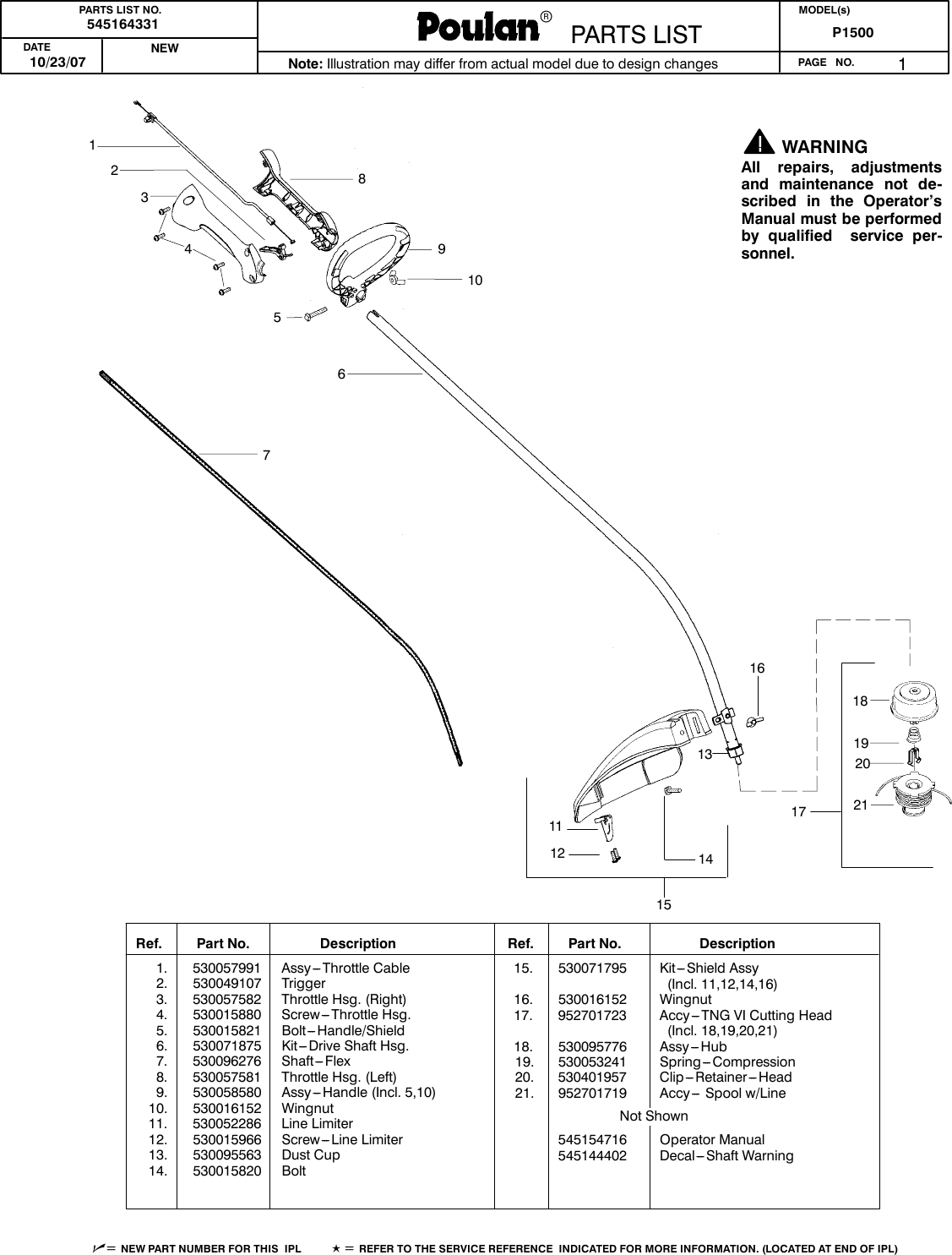Poulan P1500 Users Manual IPL,POULAN,P1500,2007,545154716