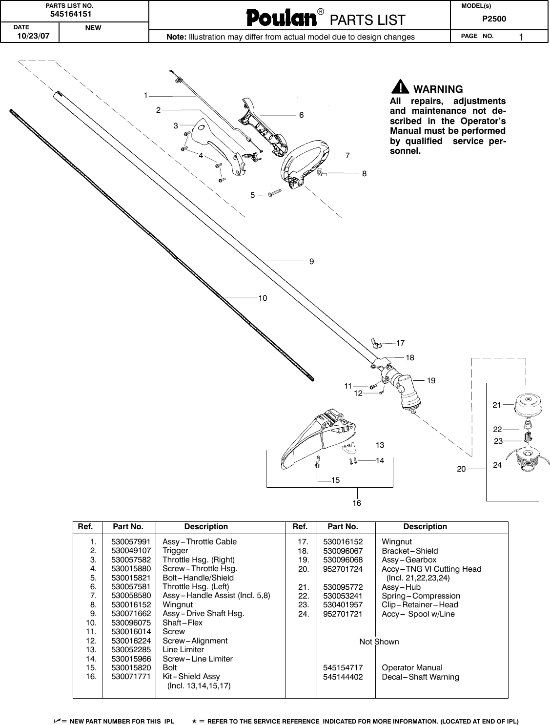 Page 1 of 2 - Poulan Poulan-P2500-Parts-Manual- IPL, POULAN, P2500, 2007-10, 545164151, 952711931, US  Poulan-p2500-parts-manual