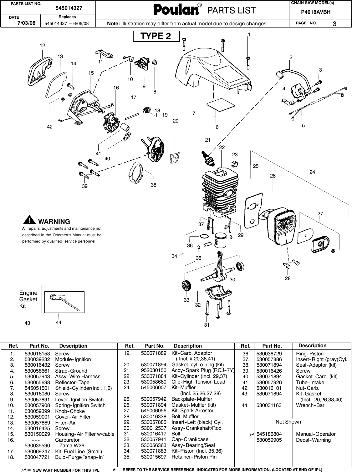 Poulan P4018Wt Parts Manual IPL, P4018AVBH, 2008 07, CHAIN SAWS