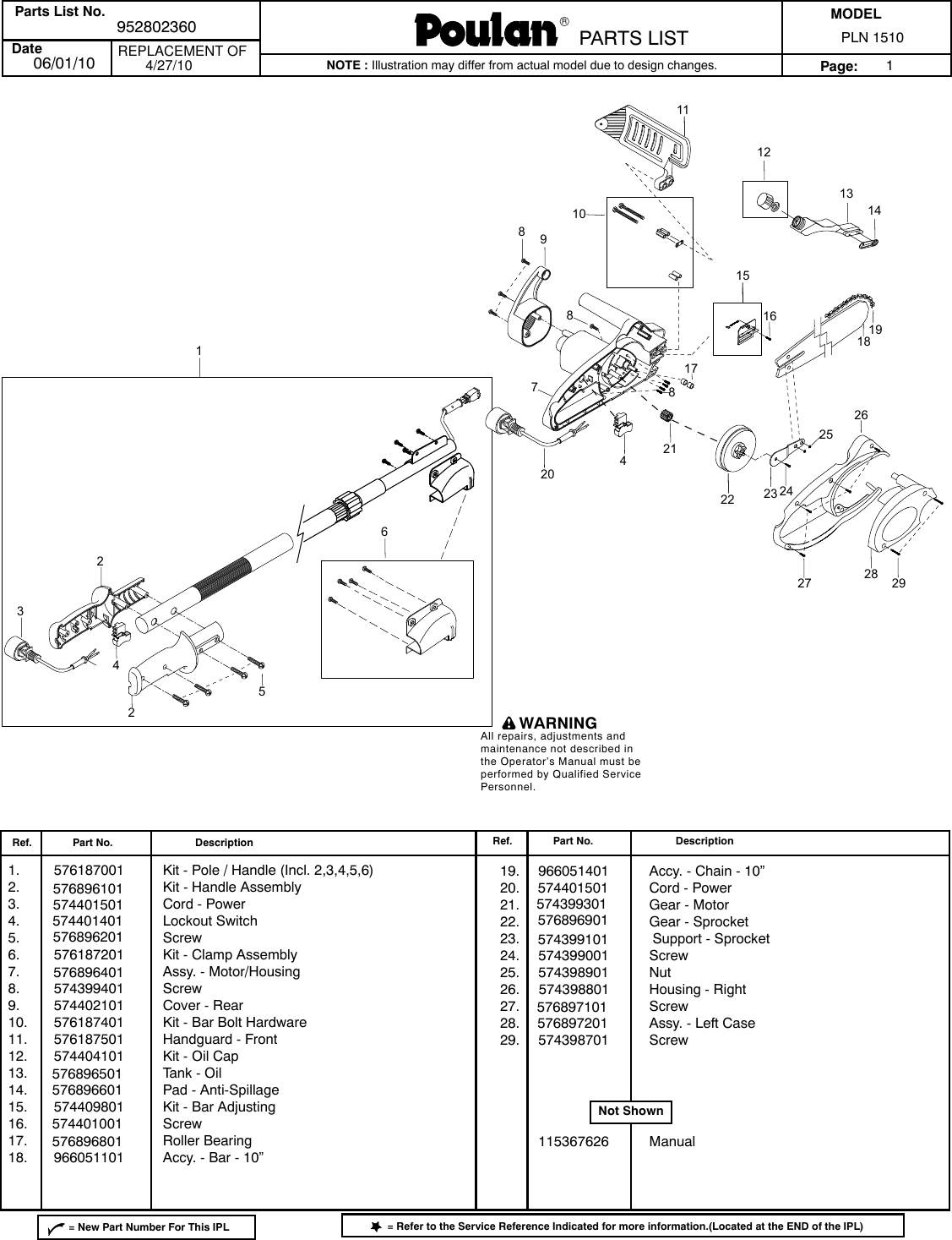 Page 1 of 1 - Poulan Poulan-Pln1510-Parts-Manual- IPL, PLN1510, 2010-06, CHAIN SAWS Poulan-pln1510-parts-manual