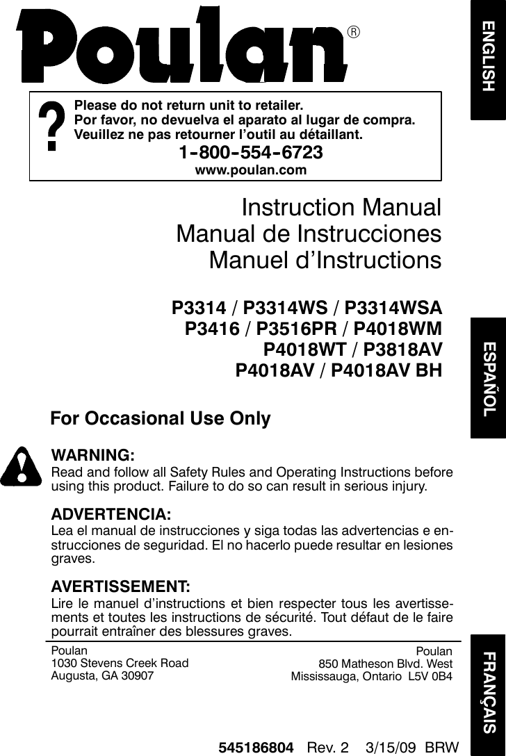 Poulan Pln3516F Users Manual OM, P3314, P3314WS, P3314WSA, P3416