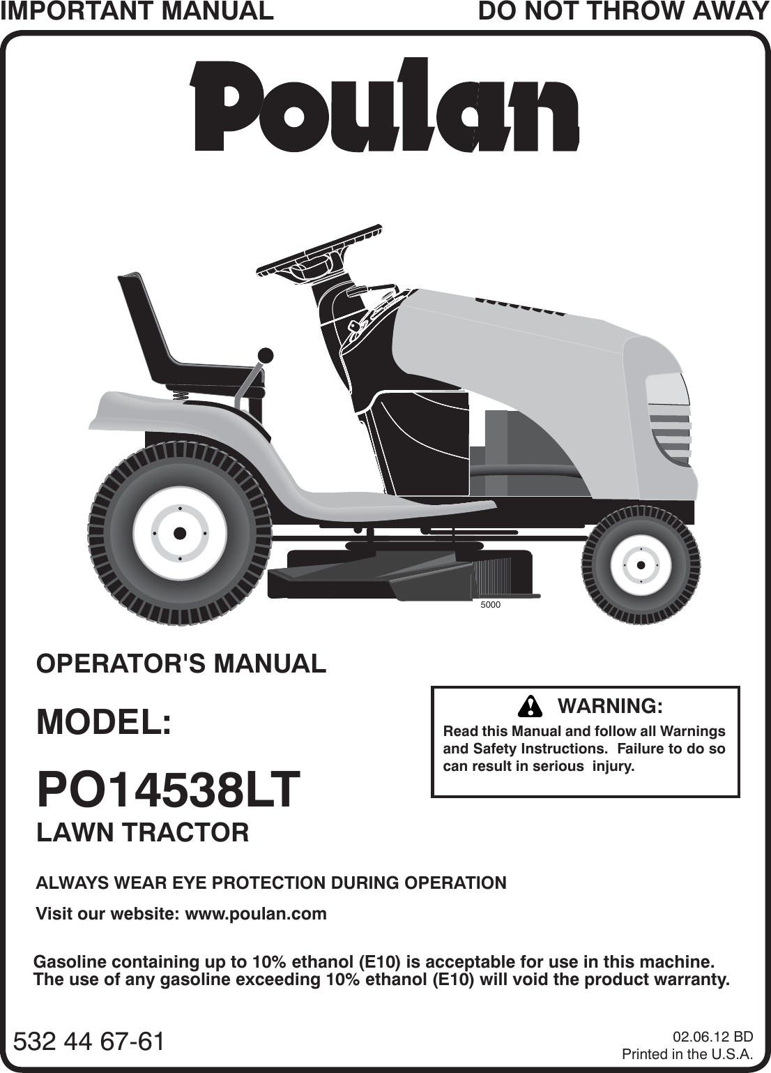 Poulan Po14538Lt 96048002200 2012 02 Owners Manual OM, POULAN