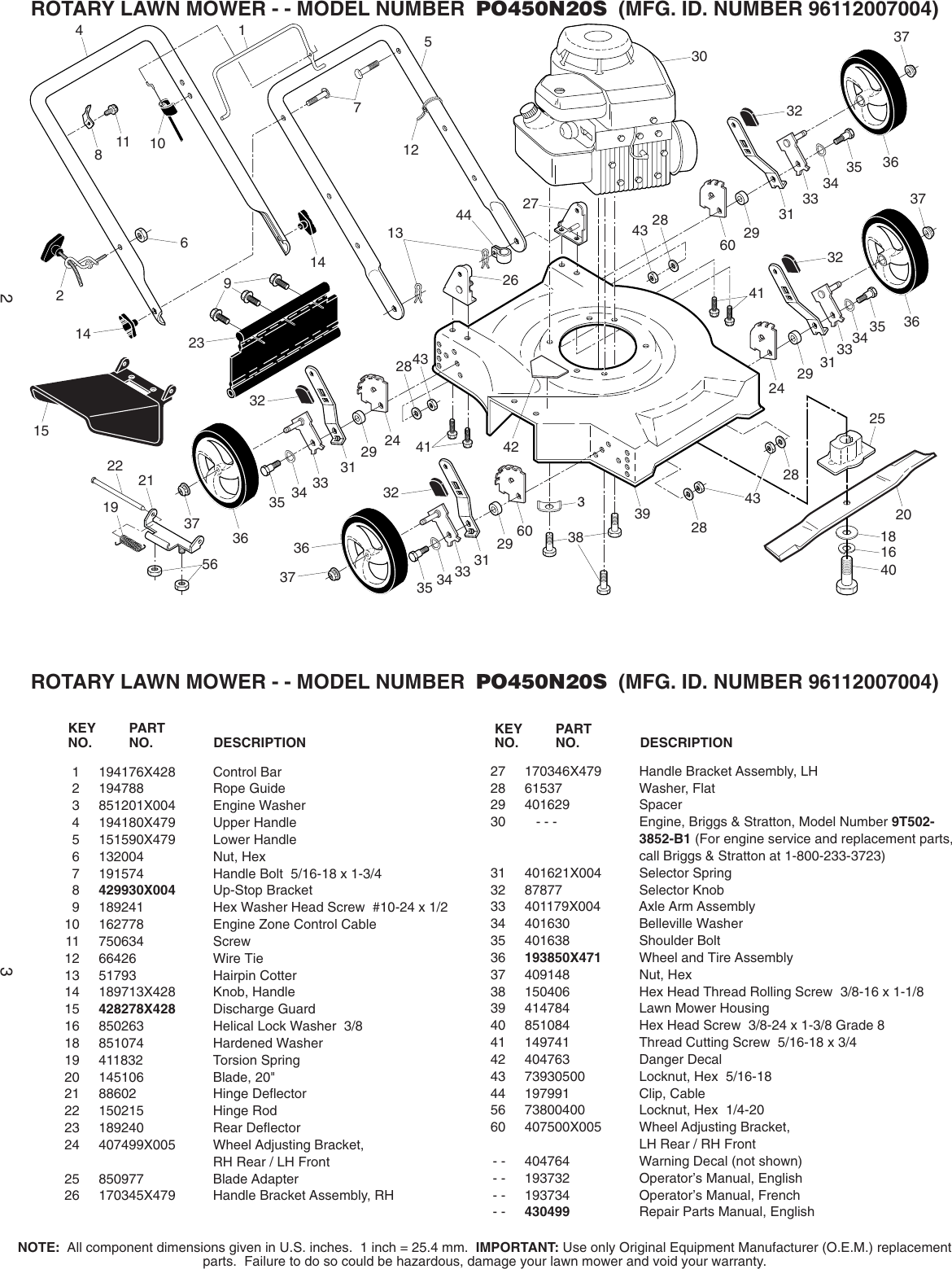 Poulan Po450N20S Parts Manual IPL, PO450N20S, 209 11, LAWN MOWERS