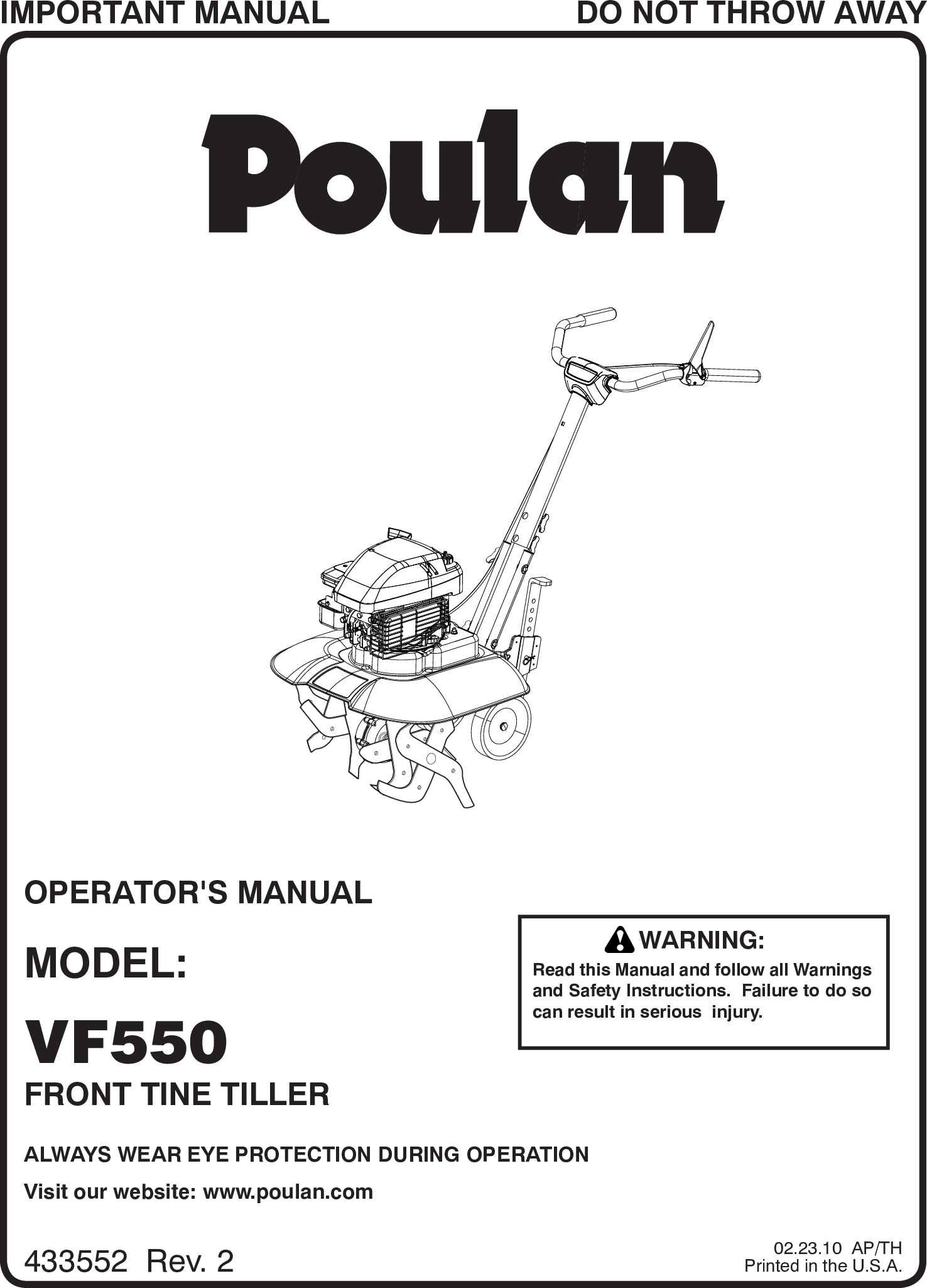 Poulan Vf550 Users Manual OM, VF550, 2010 02, CULTIVATORS/TILLERS ...