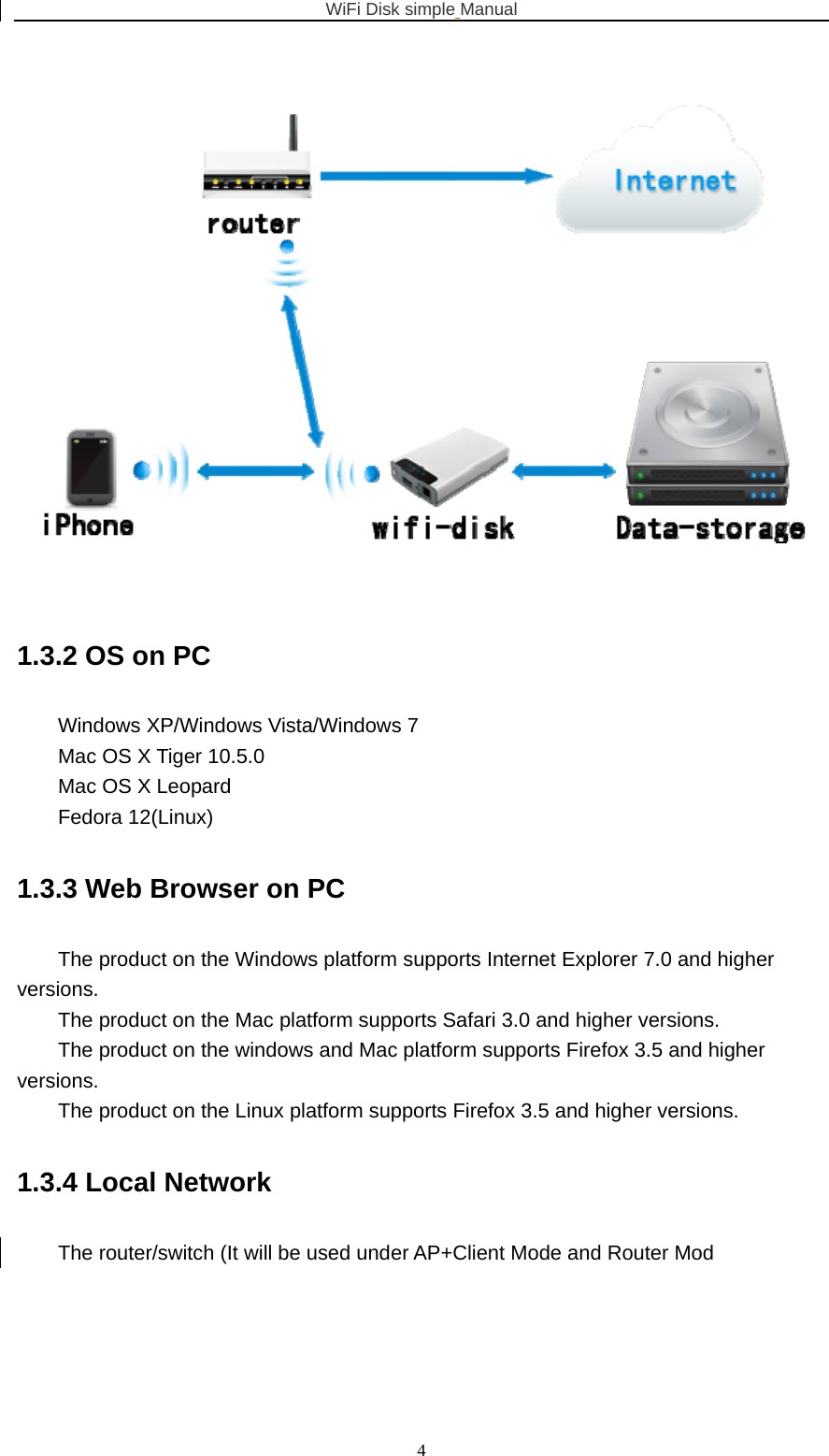 WiFi Disk simple Manual  4 1.3.2 OS on PC Windows XP/Windows Vista/Windows 7 Mac OS X Tiger 10.5.0 Mac OS X Leopard Fedora 12(Linux) 1.3.3 Web Browser on PC The product on the Windows platform supports Internet Explorer 7.0 and higher versions. The product on the Mac platform supports Safari 3.0 and higher versions. The product on the windows and Mac platform supports Firefox 3.5 and higher versions. The product on the Linux platform supports Firefox 3.5 and higher versions. 1.3.4 Local Network The router/switch (It will be used under AP+Client Mode and Router Mod  