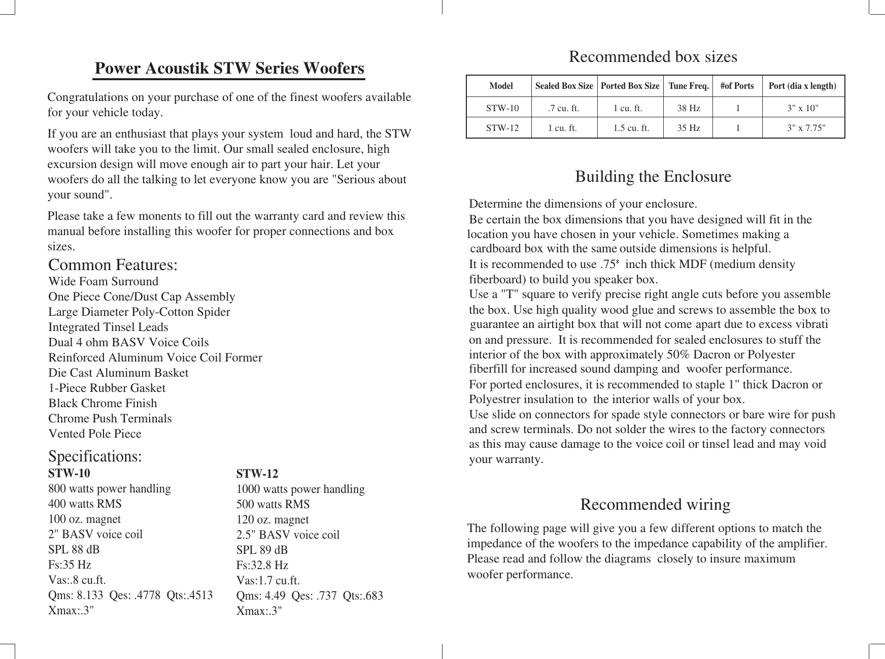 Page 2 of 2 - Power-Acoustik Power-Acoustik-Power-Acoustik-Electronics-Speaker-Stw-10-Stw-12-Users-Manual-  Power-acoustik-power-acoustik-electronics-speaker-stw-10-stw-12-users-manual