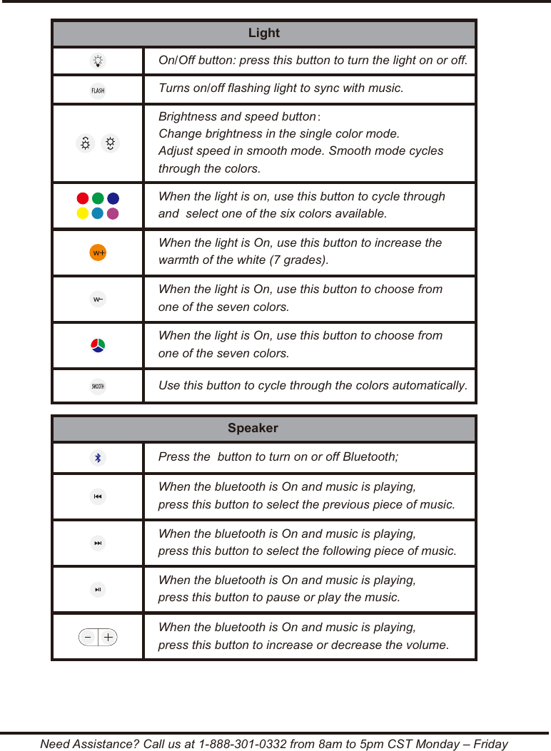 LightOn/Off button: press this button to turn the light on or off.Turns on/off flashing light to sync with music.Brightness and speed button：Change brightness in the single color mode.Adjust speed in smooth mode. Smooth mode cycles through the colors.When the light is on, use this button to cycle through and  select one of the six colors available.When the light is On, use this button to increase the warmth of the white (7 grades).When the light is On, use this button to choose from one of the seven colors.When the light is On, use this button to choose from one of the seven colors.Use this button to cycle through the colors automatically.SpeakerPress the  button to turn on or off Bluetooth; When the bluetooth is On and music is playing, press this button to select the previous piece of music.When the bluetooth is On and music is playing, press this button to select the following piece of music.When the bluetooth is On and music is playing, press this button to pause or play the music.When the bluetooth is On and music is playing, press this button to increase or decrease the volume.Need Assistance? Call us at 1-888-301-0332 from 8am to 5pm CST Monday &ndash; Friday