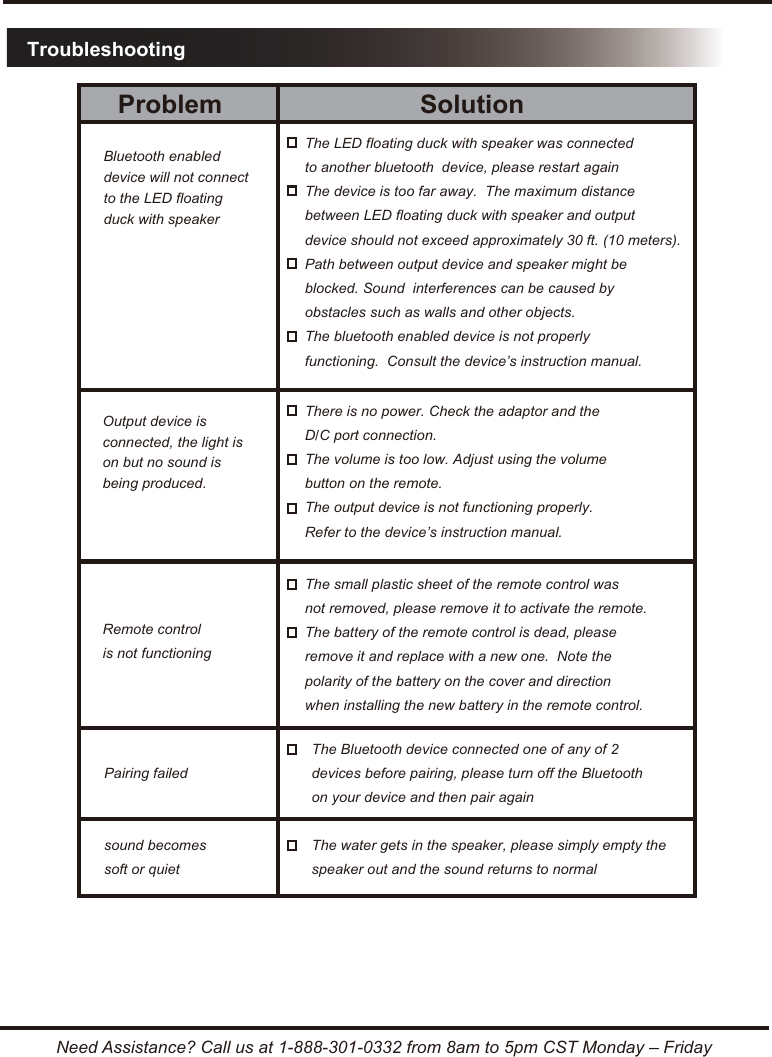 Need Assistance? Call us at 1-888-301-0332 from 8am to 5pm CST Monday &ndash; FridayTroubleshootingSolutionProblemThe LED floating duck with speaker was connected to another bluetooth  device, please restart againThe device is too far away.  The maximum distance between LED floating duck with speaker and output device should not exceed approximately 30 ft. (10 meters).Path between output device and speaker might be blocked. Sound  interferences can be caused by obstacles such as walls and other objects.The bluetooth enabled device is not properly functioning.  Consult the device&rsquo;s instruction manual.There is no power. Check the adaptor and the D/C port connection.The volume is too low. Adjust using the volume button on the remote.The output device is not functioning properly. Refer to the device&rsquo;s instruction manual.Bluetooth enableddevice will not connectto the LED floating duck with speakerOutput device is connected, the light is  on but no sound is being produced.The small plastic sheet of the remote control was not removed, please remove it to activate the remote.The battery of the remote control is dead, please remove it and replace with a new one.  Note the polarity of the battery on the cover and direction when installing the new battery in the remote control.Remote controlis not functioning The Bluetooth device connected one of any of 2 devices before pairing, please turn off the Bluetooth on your device and then pair againThe water gets in the speaker, please simply empty the speaker out and the sound returns to normalPairing failedsound becomes soft or quiet
