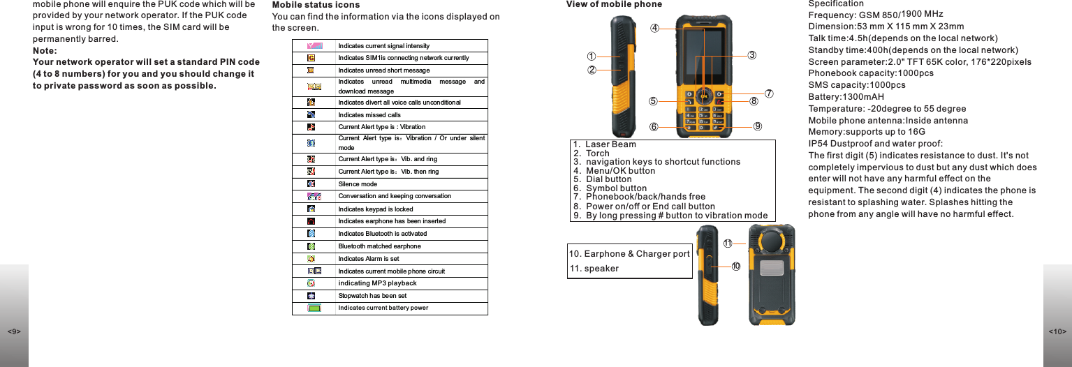 Mobile status iconsYou can find the information via the icons displayed on the screen.View of mobile phonemobile phone will enquire the PUK code which will be provided by your network operator. If the PUK code input is wrong for 10 times, the SIM card will be permanently barred.Note: Your network operator will set a standard PIN code (4 to 8 numbers) for you and you should change it to private password as soon as possible.10. Earphone &amp; Charger port11. speakerSpecificationFrequency: GSM 9 0/1900 MHzDimension:53 mm X 115 mm X 23mmTalk time:4.5h(depends on the local network)Standby time:400h(depends on the local network)Screen parameter:2.0&quot; TFT 65K color, 176*220pixelsPhonebook capacity:1000pcsSMS capacity:1000pcsBattery:1300mAHTemperature: -20degree to 55 degreeMobile phone antenna:Inside antennaMemory:supports up to 16GIP54 Dustproof and water proof: The first digit (5) indicates resistance to dust. It&apos;s not completely impervious to dust but any dust which does enter will not have any harmful effect on the equipment. The second digit (4) indicates the phone is resistant to splashing water. Splashes hitting the phone from any angle will have no harmful effect.3.  navigation keys to shortcut functions4.  Menu/OK button5.  Dial button6.  Symbol button7.  Phonebook/back/hands free8.  Power on/off or End call button9.  By long pressing # button to vibration mode 1.  Laser Beam2.  Torch  Indicates current signal intensity  Indicates SIM1is connecting network currently     Indicates unread short message  Indicates  unread  multimedia  message  and download message  Indicates divert all voice calls unconditional  Indicates missed calls  Current Alert type is : Vibration  Current  Alert  type  is：Vibration  /  Or  under  silent mode  Current Alert type is：Vib. and ring  Current Alert type is：Vib. then ring  Silence mode    Conversation and keeping conversation  Indicates keypad is locked  Indicates earphone has been inserted    Indicates Bluetooth is activated  Bluetooth matched earphone  Indicates Alarm is set  Indicates current mobile phone circuit  indicating MP3 playback  Stopwatch has been set    Indicates current battery power  indicating MP3 playbackIndicates current battery power1256789341011&lt;9&gt; &lt;10&gt;M 85