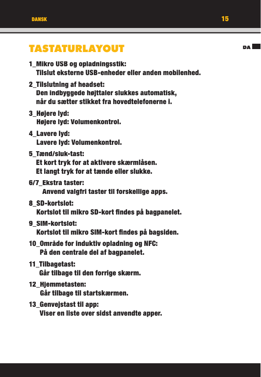 15DADANSKTASTATURLAYOUT1_ Mikro USB og opladningsstik:Tilslut eksterne USB-enheder eller anden mobilenhed. 2_  Tilslutning  af  headset:Den indbyggede højttaler slukkes automatisk, når du sætter stikket fra hovedtelefonerne i.3_  Højere  lyd:Højere lyd: Volumenkontrol.4_   Lavere  lyd: Lavere lyd: Volumenkontrol.5_  Tænd/sluk-tast:Et kort tryk for at aktivere skærmlåsen. Et langt tryk for at tænde eller slukke.6/7_   Ekstra  taster:Anvend valgfri taster til forskellige apps.8_  SD-kortslot:Kortslot til mikro SD-kort ﬁ ndes på bagpanelet.9_   SIM-kortslot:Kortslot til mikro SIM-kort ﬁ ndes på bagsiden.10_   Område for induktiv opladning og NFC:På den centrale del af bagpanelet.11_   Tilbagetast:Går tilbage til den forrige skærm.12_   Hjemmetasten:Går tilbage til startskærmen.13_  Genvejstast  til  app:Viser en liste over sidst anvendte apper.15DADANSKTASTATURLAYOUT1_ Mikro USB og opladningsstik:Tilslut eksterne USB-enheder eller anden mobilenhed. 2_  Tilslutning  af  headset:Den indbyggede højttaler slukkes automatisk, når du sætter stikket fra hovedtelefonerne i.3_  Højere  lyd:Højere lyd: Volumenkontrol.4_   Lavere  lyd: Lavere lyd: Volumenkontrol.5_  Tænd/sluk-tast:Et kort tryk for at aktivere skærmlåsen. Et langt tryk for at tænde eller slukke.6/7_   Ekstra  taster:Anvend valgfri taster til forskellige apps.8_  SD-kortslot:Kortslot til mikro SD-kort ﬁ ndes på bagpanelet.9_   SIM-kortslot:Kortslot til mikro SIM-kort ﬁ ndes på bagsiden.10_   Område for induktiv opladning og NFC:På den centrale del af bagpanelet.11_   Tilbagetast:Går tilbage til den forrige skærm.12_   Hjemmetasten:Går tilbage til startskærmen.13_  Genvejstast  til  app:Viser en liste over sidst anvendte apper.