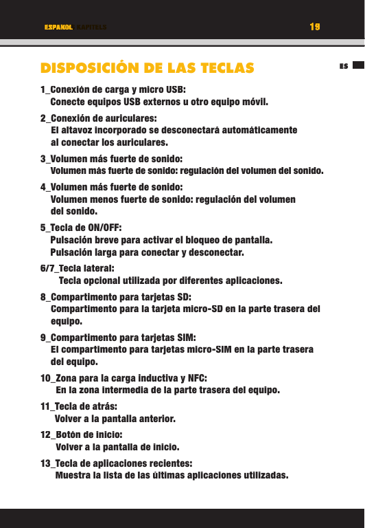 19TITEL DES KAPITELSES19ESPANOLDISPOSICIÓN DE LAS TECLAS1_ Conexión de carga y micro USB:Conecte equipos USB externos u otro equipo móvil.2_  Conexión  de  auriculares:El altavoz incorporado se desconectará automáticamente al conectar los auriculares.3_ Volumen más fuerte de sonido:Volumen más fuerte de sonido: regulación del volumen del sonido.4_  Volumen más fuerte de sonido: Volumen menos fuerte de sonido: regulación del volumen del sonido.5_  Tecla  de  ON/OFF:Pulsación breve para activar el bloqueo de pantalla.Pulsación larga para conectar y desconectar.6/7_ Tecla  lateral:Tecla opcional utilizada por diferentes aplicaciones.8_ Compartimento para tarjetas SD:Compartimento para la tarjeta micro-SD en la parte trasera del equipo.9_ Compartimento para tarjetas SIM:El compartimento para tarjetas micro-SIM en la parte trasera del equipo.10_ Zona para la carga inductiva y NFC:En la zona intermedia de la parte trasera del equipo.11_ Tecla de atrás:Volver a la pantalla anterior.12_ Botón de inicio:Volver a la pantalla de inicio.13_ Tecla de aplicaciones recientes:Muestra la lista de las últimas aplicaciones utilizadas.ESTITEL DES KAPITELS19191919TITEL DES KAPITELSESPANOLESPANOLTITEL DES KAPITELSDISPOSICIÓN DE LAS TECLAS1_ Conexión de carga y micro USB:Conecte equipos USB externos u otro equipo móvil.2_  Conexión  de  auriculares:El altavoz incorporado se desconectará automáticamente al conectar los auriculares.3_ Volumen más fuerte de sonido:Volumen más fuerte de sonido: regulación del volumen del sonido.4_  Volumen más fuerte de sonido: Volumen menos fuerte de sonido: regulación del volumen del sonido.5_  Tecla  de  ON/OFF:Pulsación breve para activar el bloqueo de pantalla.Pulsación larga para conectar y desconectar.6/7_ Tecla  lateral:Tecla opcional utilizada por diferentes aplicaciones.8_ Compartimento para tarjetas SD:Compartimento para la tarjeta micro-SD en la parte trasera del equipo.9_ Compartimento para tarjetas SIM:El compartimento para tarjetas micro-SIM en la parte trasera del equipo.10_ Zona para la carga inductiva y NFC:En la zona intermedia de la parte trasera del equipo.11_ Tecla de atrás:Volver a la pantalla anterior.12_ Botón de inicio:Volver a la pantalla de inicio.13_ Tecla de aplicaciones recientes:Muestra la lista de las últimas aplicaciones utilizadas.