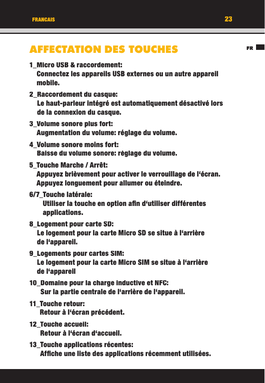 23FRFRANCAISAFFECTATION DES TOUCHES1_ Micro USB &amp; raccordement:Connectez les appareils USB externes ou un autre appareil mobile. 2_  Raccordement  du  casque:Le haut-parleur intégré est automatiquement désactivé lors de la connexion du casque.3_  Volume sonore plus fort:Augmentation du volume: réglage du volume.4_   Volume  sonore  moins  fort: Baisse du volume sonore: réglage du volume.5_  Touche Marche / Arrêt:Appuyez brièvement pour activer le verrouillage de l‘écran. Appuyez longuement pour allumer ou éteindre.6/7_   Touche  latérale:Utiliser la touche en option aﬁ n d‘utiliser différentes applications.8_  Logement pour carte SD:Le logement pour la carte Micro SD se situe à l‘arrière de l‘appareil.9_   Logements  pour  cartes  SIM:Le logement pour la carte Micro SIM se situe à l‘arrière de l‘appareil10_   Domaine pour la charge inductive et NFC:Sur la partie centrale de l‘arrière de l‘appareil.11_   Touche  retour:Retour à l‘écran précédent.12_   Touche  accueil:Retour à l‘écran d‘accueil.13_  Touche  applications  récentes:Afﬁ che une liste des applications récemment utilisées.23FRFRANCAISAFFECTATION DES TOUCHES1_ Micro USB &amp; raccordement:Connectez les appareils USB externes ou un autre appareil mobile. 2_  Raccordement  du  casque:Le haut-parleur intégré est automatiquement désactivé lors de la connexion du casque.3_  Volume sonore plus fort:Augmentation du volume: réglage du volume.4_   Volume  sonore  moins  fort: Baisse du volume sonore: réglage du volume.5_  Touche Marche / Arrêt:Appuyez brièvement pour activer le verrouillage de l‘écran. Appuyez longuement pour allumer ou éteindre.6/7_   Touche  latérale:Utiliser la touche en option aﬁ n d‘utiliser différentes applications.8_  Logement pour carte SD:Le logement pour la carte Micro SD se situe à l‘arrière de l‘appareil.9_   Logements  pour  cartes  SIM:Le logement pour la carte Micro SIM se situe à l‘arrière de l‘appareil10_   Domaine pour la charge inductive et NFC:Sur la partie centrale de l‘arrière de l‘appareil.11_   Touche  retour:Retour à l‘écran précédent.12_   Touche  accueil:Retour à l‘écran d‘accueil.13_  Touche  applications  récentes:Afﬁ che une liste des applications récemment utilisées.