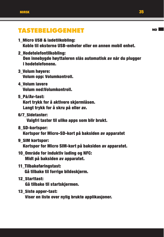 35NONORSKTASTEBELIGGENHET1_ Micro USB &amp; ladetilkobling:Koble til eksterne USB-enheter eller en annen mobil enhet.2_  Hodetelefontilkobling:Den innebygde høyttaleren slås automatisk av når du plugger i hodetelefonene.3_ Volum  høyere:Volum opp: Volumkontroll.4_ Volum  lavereVolum ned:Volumkontroll.5_ På/Av-tast:Kort trykk for å aktivere skjermlåsen. Langt trykk for å skru på eller av.6/7_ Sidetaster:Valgfri taster til ulike apps som blir brukt.8_ SD-kortspor:Kortspor for Micro-SD-kort på baksiden av apparatet9_ SIM  kortspor:Kortspor for Micro SIM-kort på baksiden av apparatet.10_ Område for induktiv lading og NFC:Midt på baksiden av apparatet.11_ Tilbakeføringstast:Gå tilbake til forrige bildeskjerm.12_ Starttast:Gå tilbake til startskjermen.13_  Siste  apper-tast:Viser en liste over nylig brukte applikasjoner.35NONORSKTASTEBELIGGENHET1_ Micro USB &amp; ladetilkobling:Koble til eksterne USB-enheter eller en annen mobil enhet.2_  Hodetelefontilkobling:Den innebygde høyttaleren slås automatisk av når du plugger i hodetelefonene.3_ Volum  høyere:Volum opp: Volumkontroll.4_ Volum  lavereVolum ned:Volumkontroll.5_ På/Av-tast:Kort trykk for å aktivere skjermlåsen. Langt trykk for å skru på eller av.6/7_ Sidetaster:Valgfri taster til ulike apps som blir brukt.8_ SD-kortspor:Kortspor for Micro-SD-kort på baksiden av apparatet9_ SIM  kortspor:Kortspor for Micro SIM-kort på baksiden av apparatet.10_ Område for induktiv lading og NFC:Midt på baksiden av apparatet.11_ Tilbakeføringstast:Gå tilbake til forrige bildeskjerm.12_ Starttast:Gå tilbake til startskjermen.13_  Siste  apper-tast:Viser en liste over nylig brukte applikasjoner.