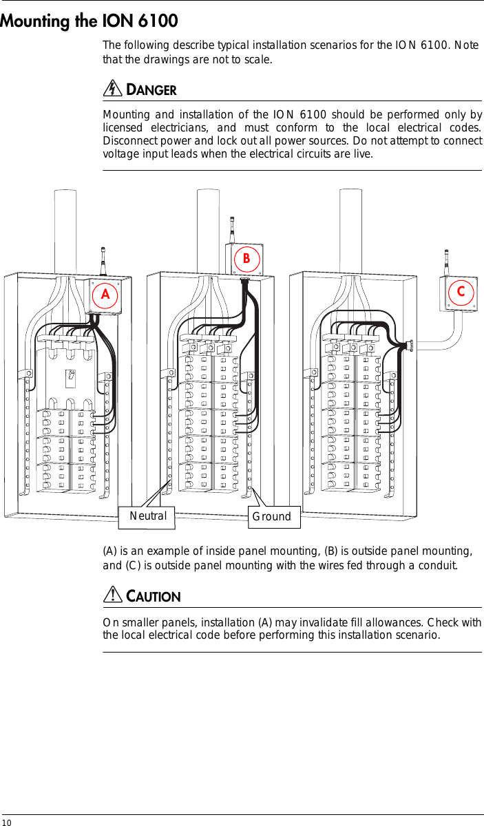 10 Mounting the ION 6100The following describe typical installation scenarios for the ION 6100. Note that the drawings are not to scale.DANGERMounting and installation of the ION 6100 should be performed only bylicensed electricians, and must conform to the local electrical codes.Disconnect power and lock out all power sources. Do not attempt to connectvoltage input leads when the electrical circuits are live.(A) is an example of inside panel mounting, (B) is outside panel mounting, and (C) is outside panel mounting with the wires fed through a conduit.CAUTIONOn smaller panels, installation (A) may invalidate fill allowances. Check withthe local electrical code before performing this installation scenario.Ground NeutralABC