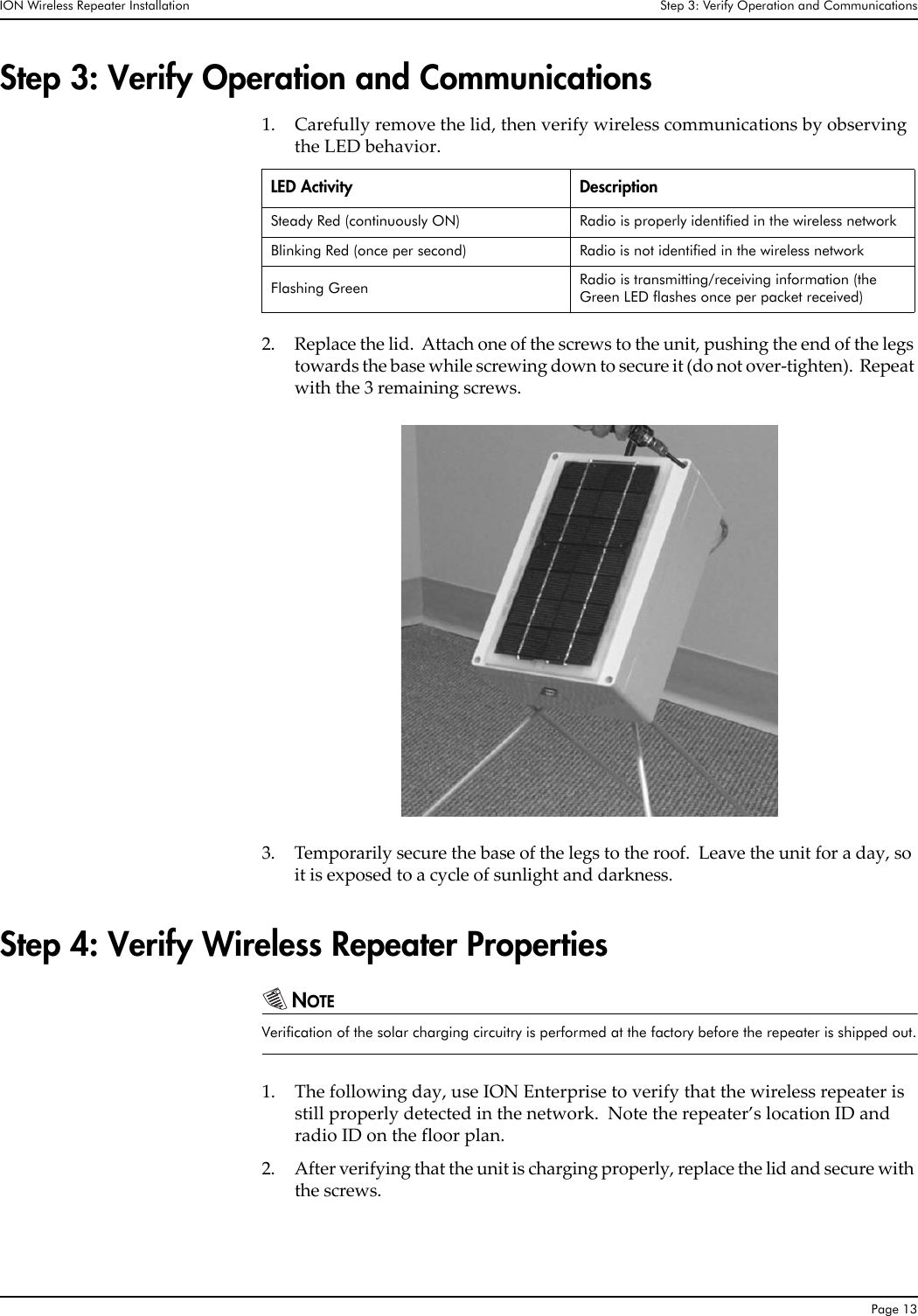 ION Wireless Repeater Installation Step 3: Verify Operation and CommunicationsPage 13Step 3: Verify Operation and Communications1. Carefully remove the lid, then verify wireless communications by observing the LED behavior.2. Replace the lid.  Attach one of the screws to the unit, pushing the end of the legs towards the base while screwing down to secure it (do not over-tighten).  Repeat with the 3 remaining screws.3. Temporarily secure the base of the legs to the roof.  Leave the unit for a day, so it is exposed to a cycle of sunlight and darkness.Step 4: Verify Wireless Repeater PropertiesNOTEVerification of the solar charging circuitry is performed at the factory before the repeater is shipped out.1. The following day, use ION Enterprise to verify that the wireless repeater is still properly detected in the network.  Note the repeater’s location ID and radio ID on the floor plan.2. After verifying that the unit is charging properly, replace the lid and secure with the screws.LED Activity DescriptionSteady Red (continuously ON) Radio is properly identified in the wireless networkBlinking Red (once per second) Radio is not identified in the wireless networkFlashing Green Radio is transmitting/receiving information (the Green LED flashes once per packet received)