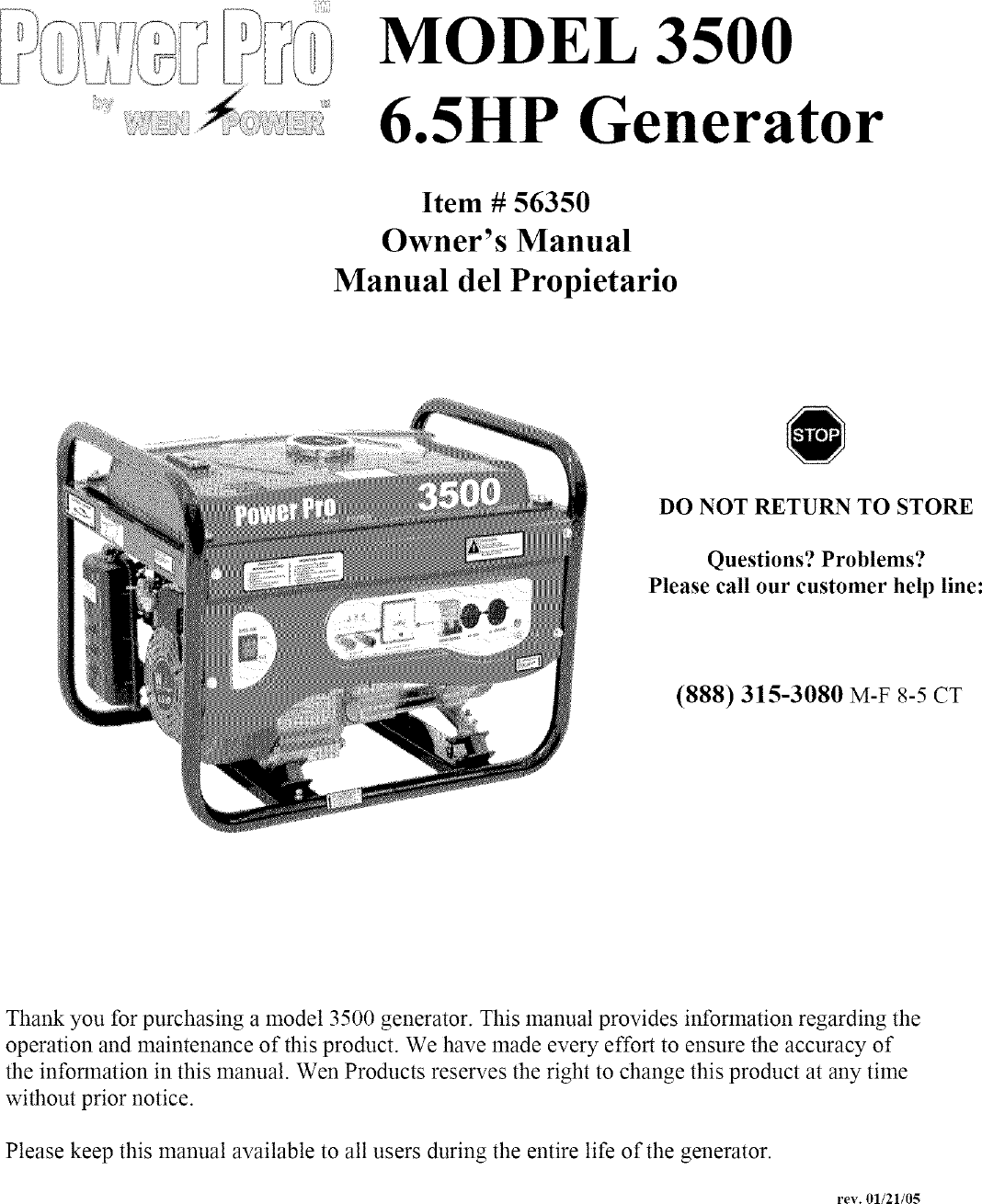 Power Pro (Glt) 3500 User Manual GENERATOR Manuals And Guides L0522015