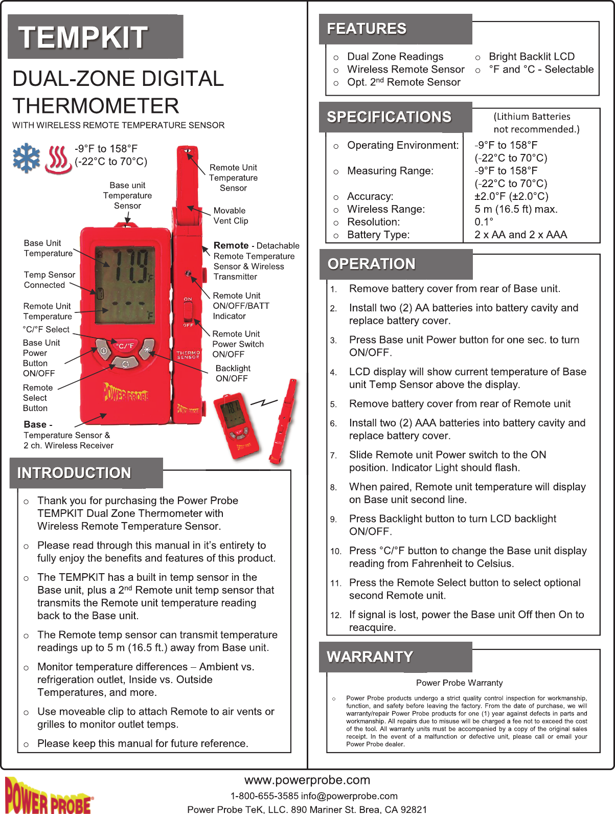 Power Probe Tek TEMPKIT DUALZONE DIGITAL THERMOMETER User Manual 00 05