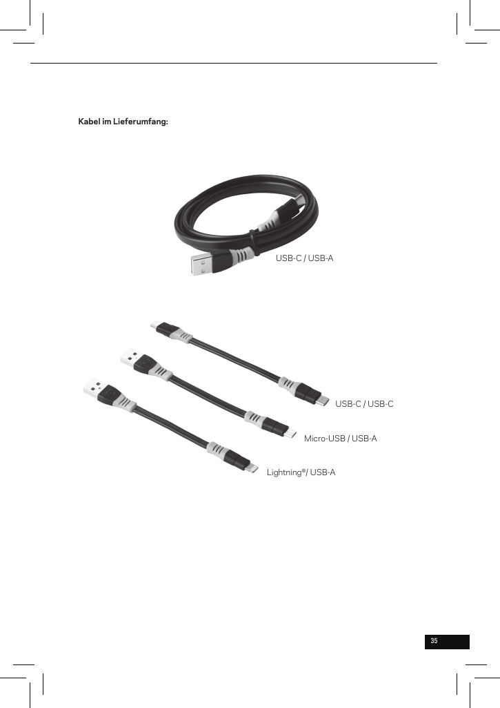 35Kabel im Lieferumfang:Lightning®/ USB-AMicro-USB / USB-AUSB-C / USB-AUSB-C / USB-C