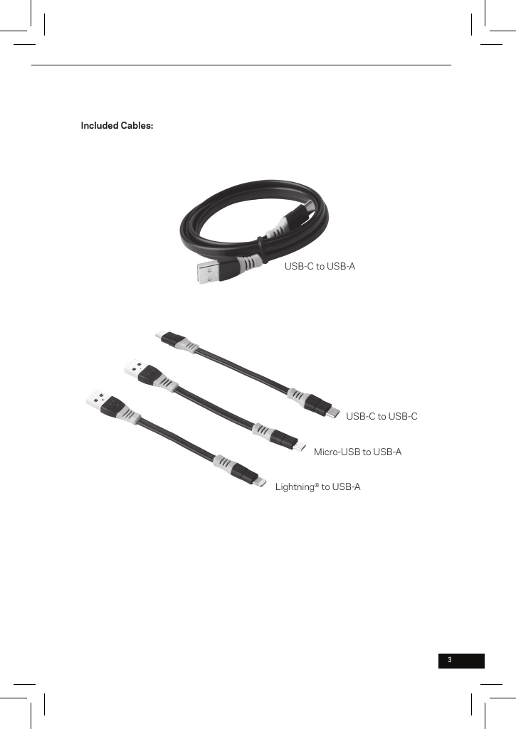 3Included Cables:Lightning® to USB-AMicro-USB to USB-AUSB-C to USB-AUSB-C to USB-C