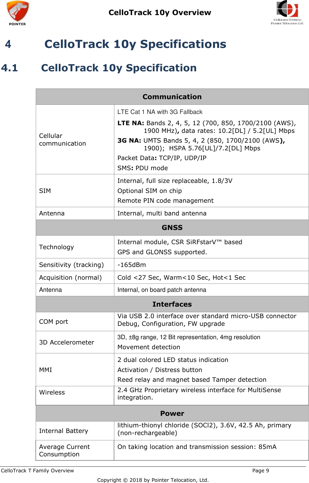  CelloTrack 10y Overview    CelloTrack T Family Overview                                                                                                       Page 9  Copyright © 2018 by Pointer Telocation, Ltd. 4  CelloTrack 10y Specifications 4.1 CelloTrack 10y Specification  Communication Cellular communication LTE Cat 1 NA with 3G Fallback LTE NA: Bands 2, 4, 5, 12 (700, 850, 1700/2100 (AWS), 1900 MHz), data rates: 10.2[DL] / 5.2[UL] Mbps 3G NA: UMTS Bands 5, 4, 2 (850, 1700/2100 (AWS), 1900);  HSPA 5.76[UL]/7.2[DL] Mbps Packet Data: TCP/IP, UDP/IP SMS: PDU mode SIM Internal, full size replaceable, 1.8/3V Optional SIM on chip Remote PIN code management Antenna Internal, multi band antenna GNSS  Technology Internal module, CSR SiRFstarV™ based GPS and GLONSS supported. Sensitivity (tracking) -165dBm Acquisition (normal) Cold &lt;27 Sec, Warm&lt;10 Sec, Hot&lt;1 Sec Antenna Internal, on board patch antenna Interfaces COM port Via USB 2.0 interface over standard micro-USB connector Debug, Configuration, FW upgrade  3D Accelerometer 3D, ±8g range, 12 Bit representation, 4mg resolution Movement detection MMI 2 dual colored LED status indication Activation / Distress button Reed relay and magnet based Tamper detection Wireless 2.4 GHz Proprietary wireless interface for MultiSense integration. Power Internal Battery lithium-thionyl chloride (SOCl2), 3.6V, 42.5 Ah, primary (non-rechargeable)  Average Current Consumption On taking location and transmission session: 85mA 