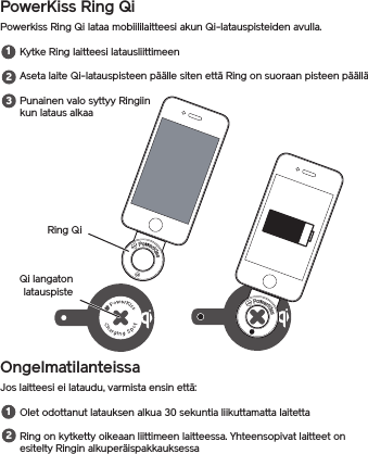 PowerKiss Ring QiPowerkiss Ring Qi lataa mobiililaitteesi akun Qi-latauspisteiden avulla.Kytke Ring laitteesi latausliittimeenAseta laite Qi-latauspisteen päälle siten että Ring on suoraan pisteen päälläPunainen valo syttyy Ringiin kun lataus alkaaOngelmatilanteissaJos laitteesi ei lataudu, varmista ensin että:Olet odottanut latauksen alkua 30 sekuntia liikuttamatta laitettaRing on kytketty oikeaan liittimeen laitteessa. Yhteensopivat laitteet on esitelty Ringin alkuperäispakkauksessa12Ring QiQi langaton latauspiste123