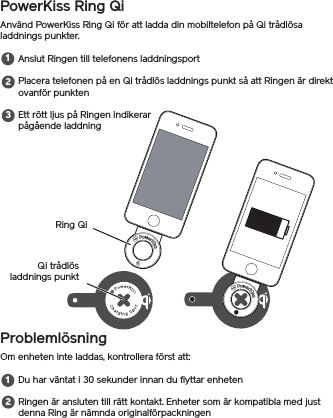 PowerKiss Ring QiAnvänd PowerKiss Ring Qi för att ladda din mobiltelefon på Qi trådlösa laddnings punkter.Anslut Ringen till telefonens laddningsportPlacera telefonen på en Qi trådlös laddnings punkt så att Ringen är direkt ovanför punktenEtt rött ljus på Ringen indikerar pågående laddningProblemlösningOm enheten inte laddas, kontrollera först att:Du har väntat i 30 sekunder innan du flyttar enhetenRingen är ansluten till rätt kontakt. Enheter som är kompatibla med just denna Ring är nämnda originalförpackningenRing QiQi trådlös laddnings punkt12123