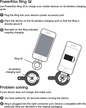 PowerKiss Ring QiUse PowerKiss Ring Qi to charge your mobile devices on Qi wireless charging spots.Plug the Ring into your device’s power accessory portPlace the device on the Qi wireless charging spot so that the Ring is directly above itRed light on the Ring indicates ongoing chargingProblem solvingIf your device does not charge, first make sure:You have waited for 30 seconds before moving the deviceRing is plugged into the right connector port. Devices compatible with this particular Ring are denoted in the original packaging12312Ring QiQi wireless charging spot