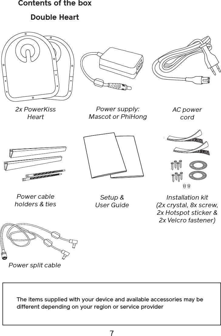 7Contents of the boxDouble Heart2x PowerKiss HeartSetup &amp; User GuideAC power cordPower cable holders &amp; tiesPower split cableInstallation kit (2x crystal, 8x screw, 2x Hotspot sticker &amp; 2x Velcro fastener)Power supply: Mascot or PhiHongThe items supplied with your device and available accessories may be different depending on your region or service provider