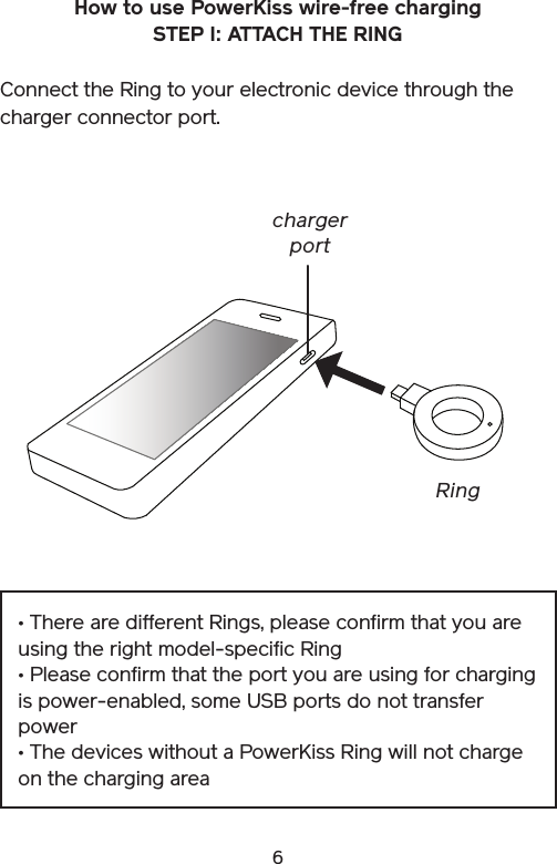 6How to use PowerKiss wire-free chargingSTEP I: ATTACH THE RINGConnect the Ring to your electronic device through the charger connector port.Ring• There are different Rings, please confirm that you are using the right model-specific Ring• Please confirm that the port you are using for charging is power-enabled, some USB ports do not transfer power• The devices without a PowerKiss Ring will not charge on the charging areacharger port