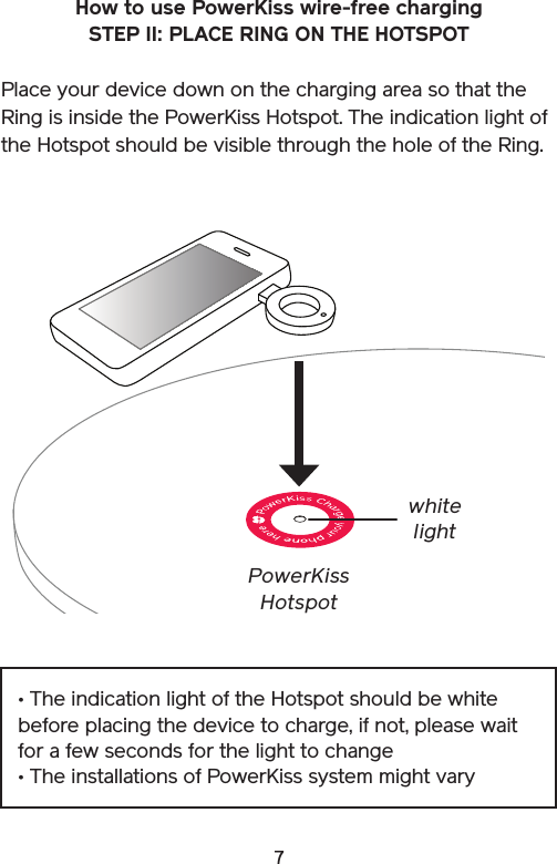 7How to use PowerKiss wire-free chargingSTEP II: PLACE RING ON THE HOTSPOTPlace your device down on the charging area so that the Ring is inside the PowerKiss Hotspot. The indication light of the Hotspot should be visible through the hole of the Ring.PowerKiss Hotspot• The indication light of the Hotspot should be white before placing the device to charge, if not, please wait for a few seconds for the light to change• The installations of PowerKiss system might varywhite light