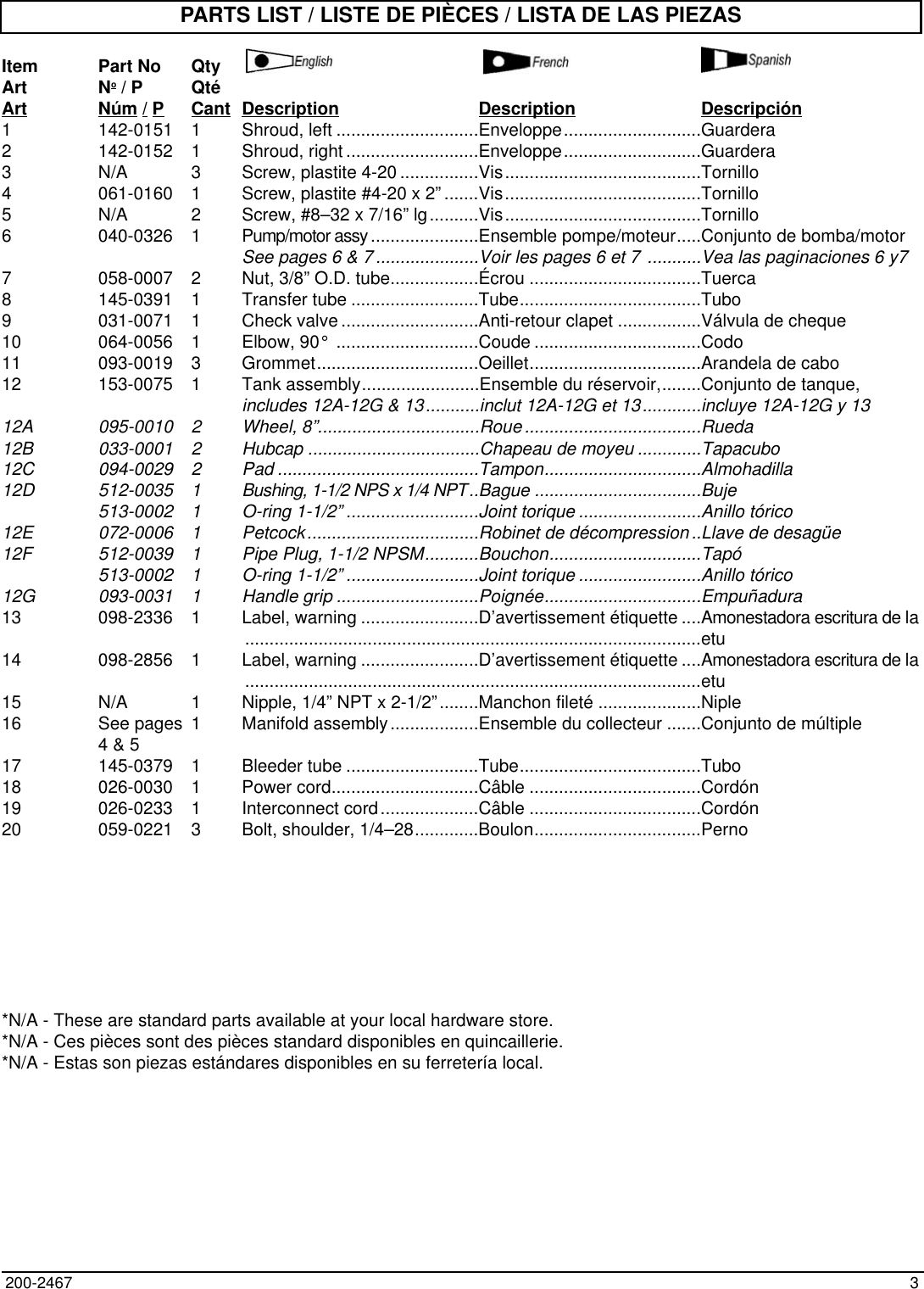 Page 3 of 8 - Powermate Powermate-Cla1982012-Nom-Parts-List- 200-2467-A  Powermate-cla1982012-nom-parts-list