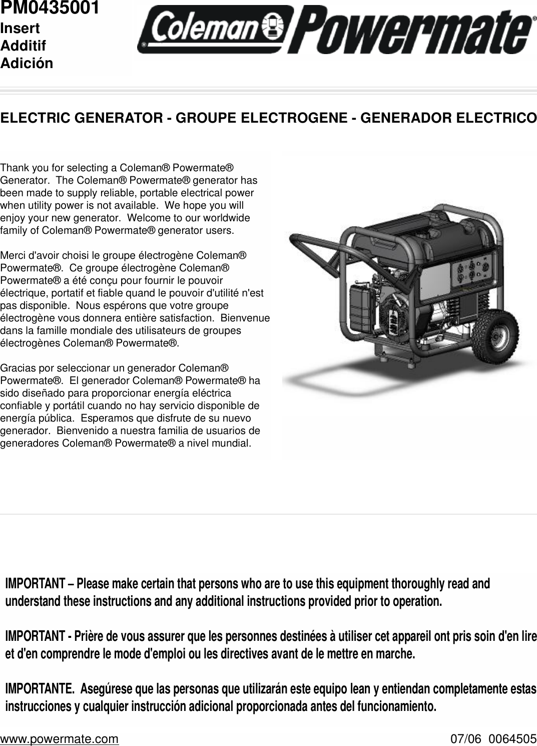 Page 1 of 12 - Powermate Powermate-Pm0435001-Users-Manual- 0064505.qxp  Powermate-pm0435001-users-manual