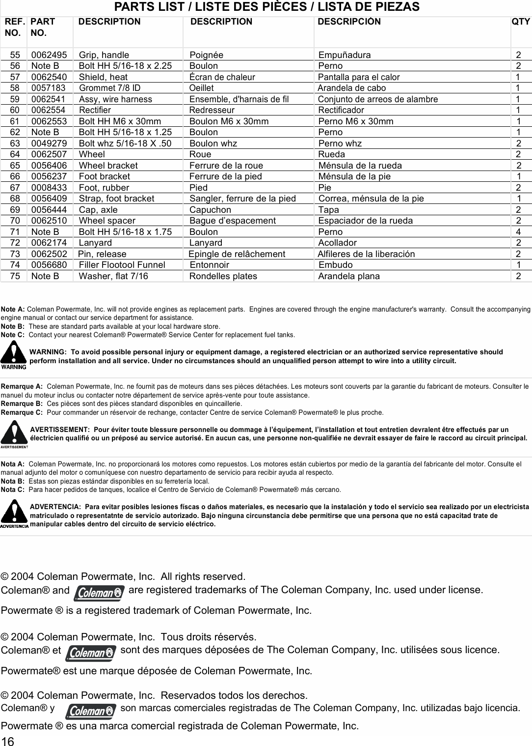 Page 3 of 3 - Powermate Powermate-Pm0601100-Parts-List- 0062516.qxp  Powermate-pm0601100-parts-list