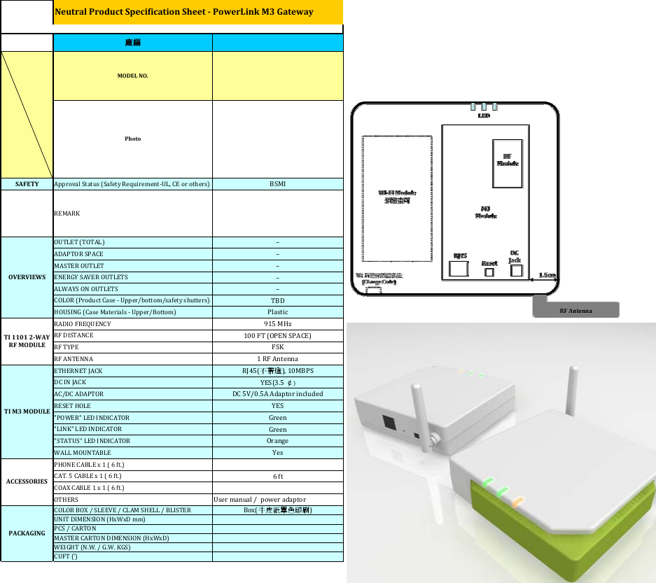 廠編MODELNO.PhotoSAFETY ApprovalStatus(SafetyRequirement‐UL,CEorothers) BSMIREMARKOUTLET(TOTAL) –ADAPTORSPACE –MASTEROUTLET –ENERGYSAVEROUTLETS –ALWAYSONOUTLETS –COLOR(ProductCase‐Upper/bottom/safetyshutters) TBDHOUSING(CaseMaterials‐Upper/Bottom) PlasticRADIOFREQUENCY 915MHzRFDISTANCE 100FT(OPENSPACE)RFTYPE FSKRFANTENNA 1RFAntennaETHERNETJACK RJ45(不帶燈),10MBPSDCINJACK YES(3.5￠)AC/DCADAPTOR DC5V/0.5AAdaptorincludedRESETHOLE YES&quot;POWER&quot;LEDINDICATOR Green&quot;LINK&quot;LEDINDICATOR Green&quot;STATUS&quot;LEDINDICATOR OrangeWALLMOUNTABLE YesPHONECABLEx1(6ft.)CAT.5CABLEx1(6ft.) 6ftCOAXCABLE1x1(6ft.)OTHERS Usermanual/poweradaptorCOLORBOX/SLEEVE/CLAMSHELL/BLISTER Box(牛皮紙單色印刷)UNITDIMENSION(HxWxDmm)PCS/CARTONMASTERCARTONDIMENSION(HxWxD)WEIGHT(N.W./G.W.KGS)CUFT(&apos;)NeutralProductSpecificationSheetPowerLinkM3GatewayOVERVIEWSPACKAGINGACCESSORIESTIM3MODULETI11012WAYRFMODULE