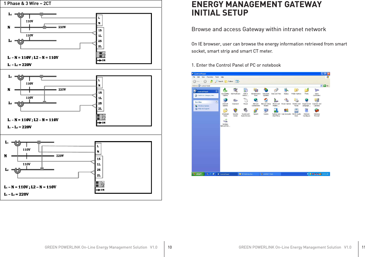 GREEN POWERLINK On-Line Energy Management Solution   V1.010GREEN POWERLINK On-Line Energy Management Solution   V1.011ENERGY MANAGEMENT GATEWAYINITIAL SETUPBrowse and access Gateway within intranet networkOn IE browser, user can browse the energy information retrieved from smartsocket, smart strip and smart CT meter.1. Enter the Control Panel of PC or notebook              1 Phase &amp; 3 Wire – 2CT