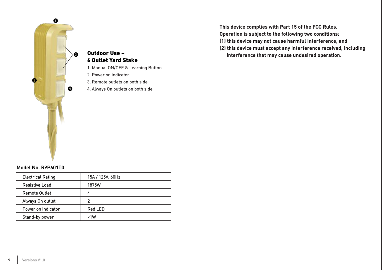 Versions V1.09Outdoor Use – 6 Outlet Yard Stake1. Manual ON/OFF &amp; Learning Button2. Power on indicator3. Remote outlets on both side4. Always On outlets on both sideElectrical RatingResistive LoadRemote OutletAlways On outletPower on indicatorStand-by power15A / 125V, 60Hz1875W42Red LED&lt;1WModel No. R9P601T0This device complies with Part 15 of the FCC Rules.Operation is subject to the following two conditions: (1) this device may not cause harmful interference, and(2) this device must accept any interference received, including       interference that may cause undesired operation.