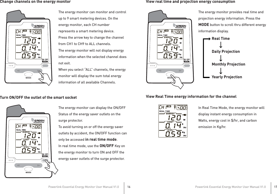 Powerlink Essential Energy Monitor User Manual V1.016Powerlink Essential Energy Monitor User Manual V1.017View real time and projection energy consumptionView Real Time energy information for the channelThe energy monitor provides real time and projection energy information. Press the MODE button to scroll thru different energy information display.In Real Time Mode, the energy monitor will display instant energy consumption in Watts, energy cost in $/hr, and carbon emission in Kg/hr.Change channels on the energy monitorTurn ON/OFF the outlet of the smart socketThe energy monitor can monitor and control up to 9 smart metering devices. On the energy monitor, each CH number represents a smart metering device.Press the arrow key to change the channel from CH1 to CH9 to ALL channels. The energy monitor will not display energy information when the selected channel does not exit.When you select “ALL” channels, the energy monitor will display the sum total energy information of all available Channels.The energy monitor can display the ON/OFF Status of the energy saver outlets on the surge protector. To avoid turning on or off the energy saver outlets by accident, the ON/OFF function can only be accessed in real time mode.In real time mode, use the ON/OFF Key on the energy monitor to turn ON and OFF the energy saver outlets of the surge protector.Real Time Daily Projection Monthly Projection Yearly Projection→→→ →