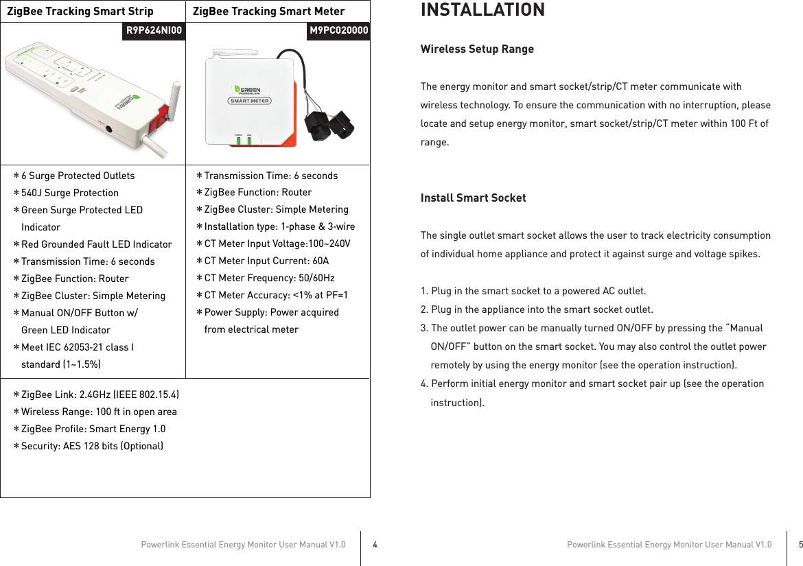 INSTALLATIONWireless Setup RangeThe energy monitor and smart socket/strip/CT meter communicate with wireless technology. To ensure the communication with no interruption, please locate and setup energy monitor, smart socket/strip/CT meter within 100 Ft of range.Install Smart SocketThe single outlet smart socket allows the user to track electricity consumption of individual home appliance and protect it against surge and voltage spikes.1. Plug in the smart socket to a powered AC outlet.2. Plug in the appliance into the smart socket outlet.3. The outlet power can be manually turned ON/OFF by pressing the “Manual ON/OFF” button on the smart socket. You may also control the outlet power remotely by using the energy monitor (see the operation instruction).4. Perform initial energy monitor and smart socket pair up (see the operation      instruction).Powerlink Essential Energy Monitor User Manual V1.04Powerlink Essential Energy Monitor User Manual V1.05ZigBee Tracking Smart Meter＊6 Surge Protected Outlets＊540J Surge Protection＊Green Surge Protected LED    Indicator＊Red Grounded Fault LED Indicator＊Transmission Time: 6 seconds＊ZigBee Function: Router＊ZigBee Cluster: Simple Metering＊Manual ON/OFF Button w/     Green LED Indicator＊Meet IEC 62053‐21 class I    standard (1~1.5%)＊ZigBee Link: 2.4GHz (IEEE 802.15.4)＊Wireless Range: 100 ft in open area＊ZigBee Profile: Smart Energy 1.0＊Security: AES 128 bits (Optional)＊Transmission Time: 6 seconds＊ZigBee Function: Router＊ZigBee Cluster: Simple Metering＊Installation type: 1‐phase &amp; 3‐wire＊CT Meter Input Voltage:100~240V＊CT Meter Input Current: 60A＊CT Meter Frequency: 50/60Hz＊CT Meter Accuracy: &lt;1% at PF=1＊Power Supply: Power acquired    from electrical meterR9P624NI00 M9PC020000ZigBee Tracking Smart Strip