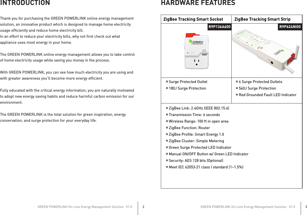 INTRODUCTIONThank you for purchasing the GREEN POWERLINK online energy managementsolution, an innovative product which is designed to manage home electricityusage efficiently and reduce home electricity bill.In an effort to reduce your electricity bills, why not first check out whatappliance uses most energy in your home.The GREEN POWERLINK online energy management allows you to take controlof home electricity usage while saving you money in the process.With GREEN POWERLINK, you can see how much electricity you are using andwith greater awareness you’ll become more energy efficient.Fully educated with the critical energy information, you are naturally motivatedto adopt new energy saving habits and reduce harmful carbon emission for ourenvironment.The GREEN POWERLINK is the total solution for green inspiration, energyconservation, and surge protection for your everyday life.GREEN POWERLINK On-Line Energy Management Solution   V1.02GREEN POWERLINK On-Line Energy Management Solution   V1.03HARDWARE FEATURESZigBee Tracking Smart Socket ZigBee Tracking Smart Strip＊Surge Protected Outlet＊180J Surge Protection＊ZigBee Link: 2.4GHz (IEEE 802.15.4)＊Transmission Time: 6 seconds＊Wireless Range: 100 ft in open area＊ZigBee Function: Router＊ZigBee Profile: Smart Energy 1.0＊ZigBee Cluster: Simple Metering＊Green Surge Protected LED Indicator＊Manual ON/OFF Button w/ Green LED Indicator＊Security: AES 128 bits (Optional)＊Meet IEC 62053‐21 class I standard (1~1.5%)＊6 Surge Protected Outlets＊540J Surge Protection＊Red Grounded Fault LED IndicatorR9P136A600 R9P624NI00