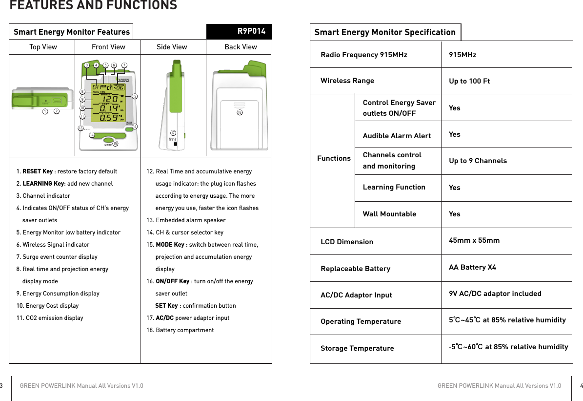 FEATURES AND FUNCTIONSGREEN POWERLINK Manual All Versions V1.03GREEN POWERLINK Manual All Versions V1.04Smart Energy Monitor FeaturesTop View Front View Side View Back View1. RESET Key : restore factory default2. LEARNING Key: add new channel3. Channel indicator4. Indicates ON/OFF status of CH’s energy    saver outlets5. Energy Monitor low battery indicator6. Wireless Signal indicator7. Surge event counter display8. Real time and projection energy    display mode9. Energy Consumption display10. Energy Cost display11. CO2 emission display12. Real Time and accumulative energy      usage indicator: the plug icon flashes      according to energy usage. The more      energy you use, faster the icon flashes13. Embedded alarm speaker14. CH &amp; cursor selector key15. MODE Key : switch between real time,      projection and accumulation energy      display16. ON/OFF Key : turn on/off the energy      saver outlet      SET Key : confirmation button17. AC/DC power adaptor input18. Battery compartmentSmart Energy Monitor SpecificationRadio Frequency 915MHzWireless RangeLCD DimensionReplaceable BatteryAC/DC Adaptor InputOperating TemperatureStorage Temperature915MHzUp to 100 FtYesYesUp to 9 ChannelsYesYes45mm x 55mmAA Battery X49V AC/DC adaptor included5℃~45℃ at 85% relative humidity‐5℃~60℃ at 85% relative humidityControl Energy Saveroutlets ON/OFFAudible Alarm AlertChannels controland monitoringLearning FunctionWall MountableFunctions    R9P014