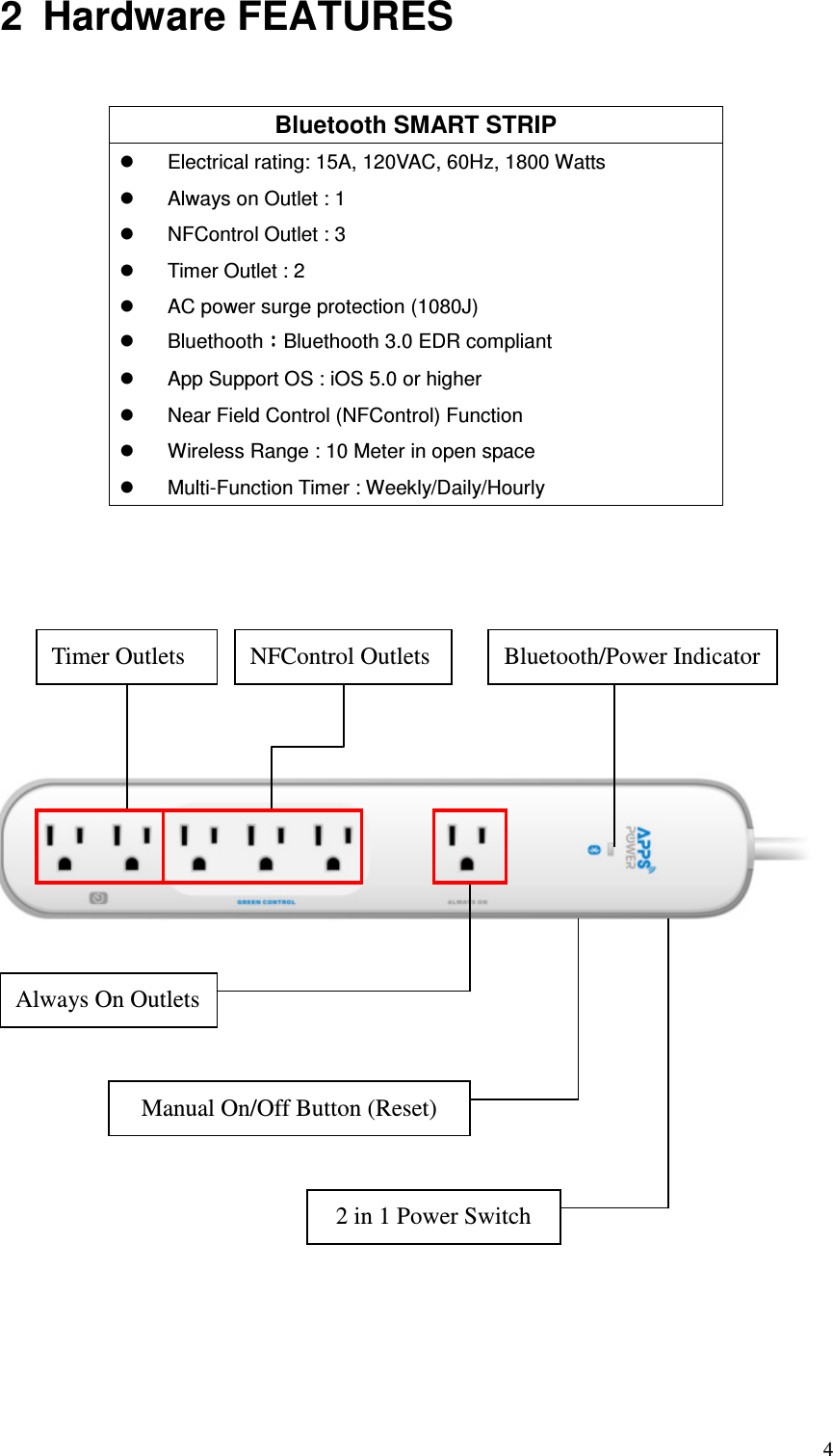   42  Hardware FEATURES  Bluetooth SMART STRIP   Electrical rating: 15A, 120VAC, 60Hz, 1800 Watts   Always on Outlet : 1   NFControl Outlet : 3   Timer Outlet : 2     AC power surge protection (1080J)   Bluethooth：：：：Bluethooth 3.0 EDR compliant   App Support OS : iOS 5.0 or higher   Near Field Control (NFControl) Function   Wireless Range : 10 Meter in open space   Multi-Function Timer : Weekly/Daily/Hourly                   NFControl Outlets Timer Outlets Always On Outlets Bluetooth/Power Indicator 2 in 1 Power Switch Manual On/Off Button (Reset) 